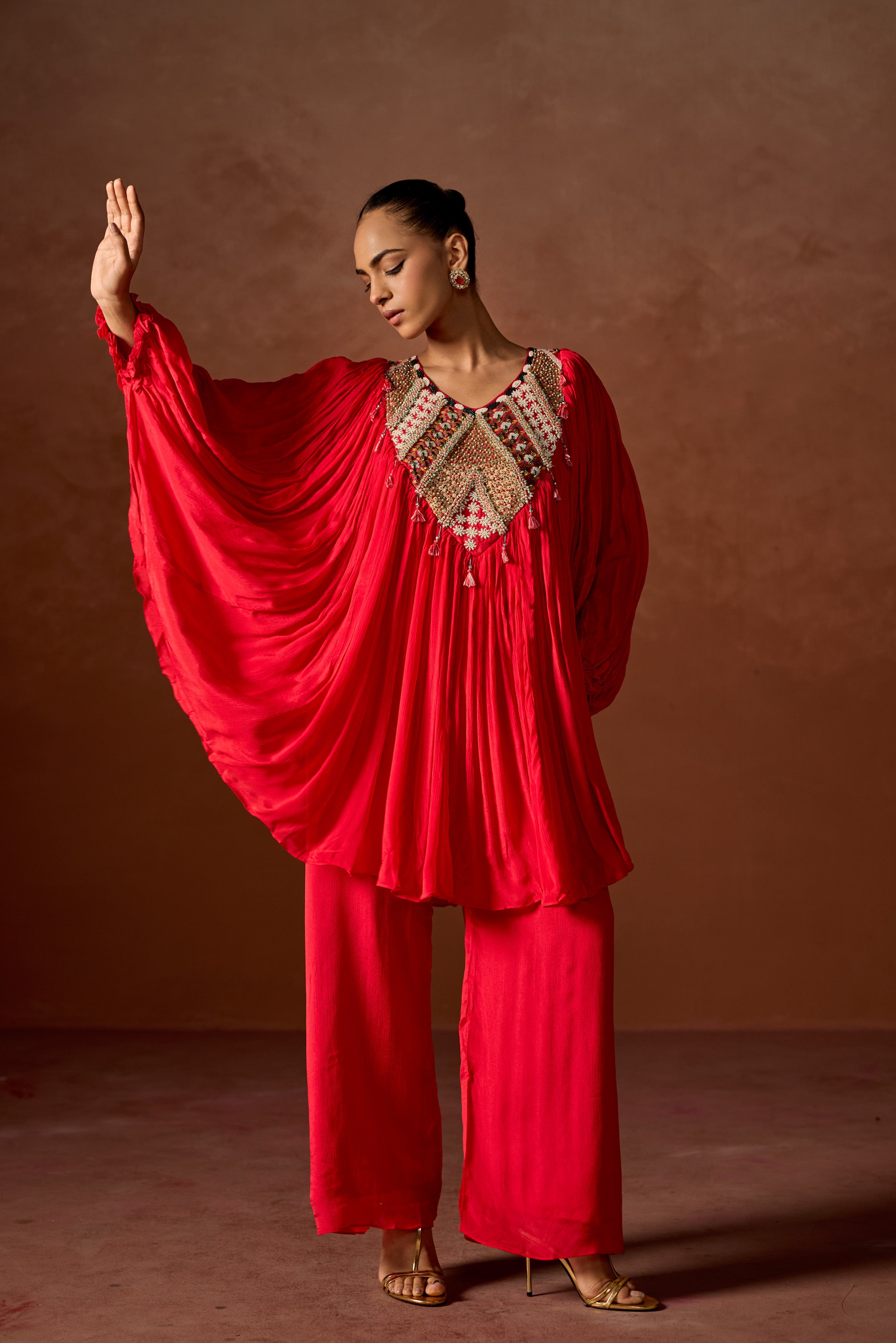 Red Embellished Chinon Silk Kaftan Set
