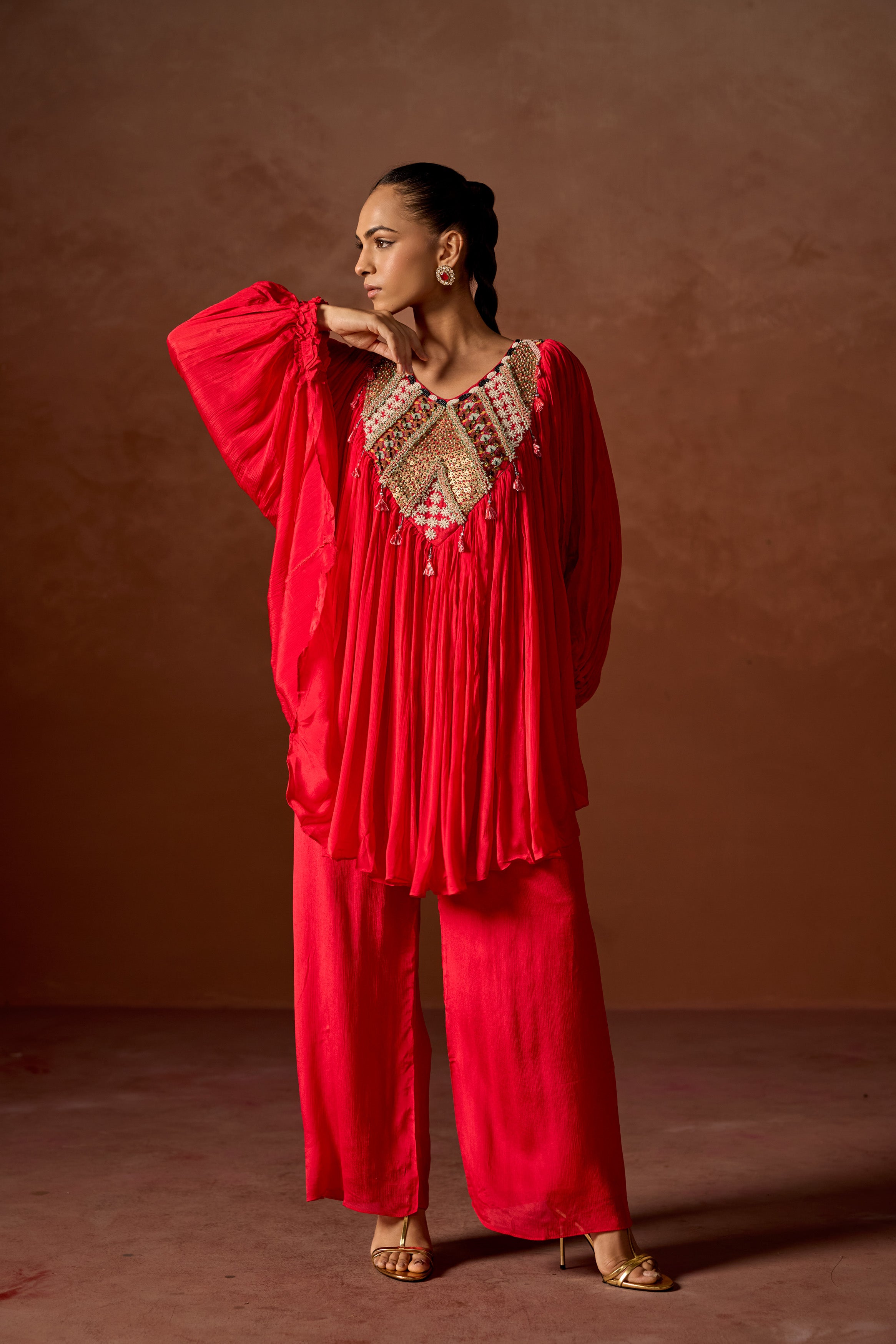 Red Embellished Chinon Silk Kaftan Set