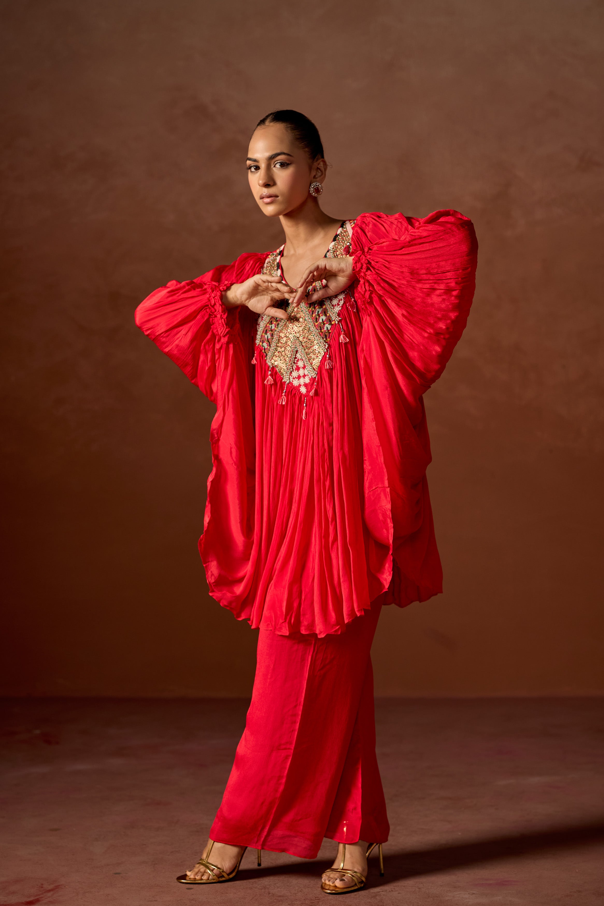 Red Embellished Chinon Silk Kaftan Set