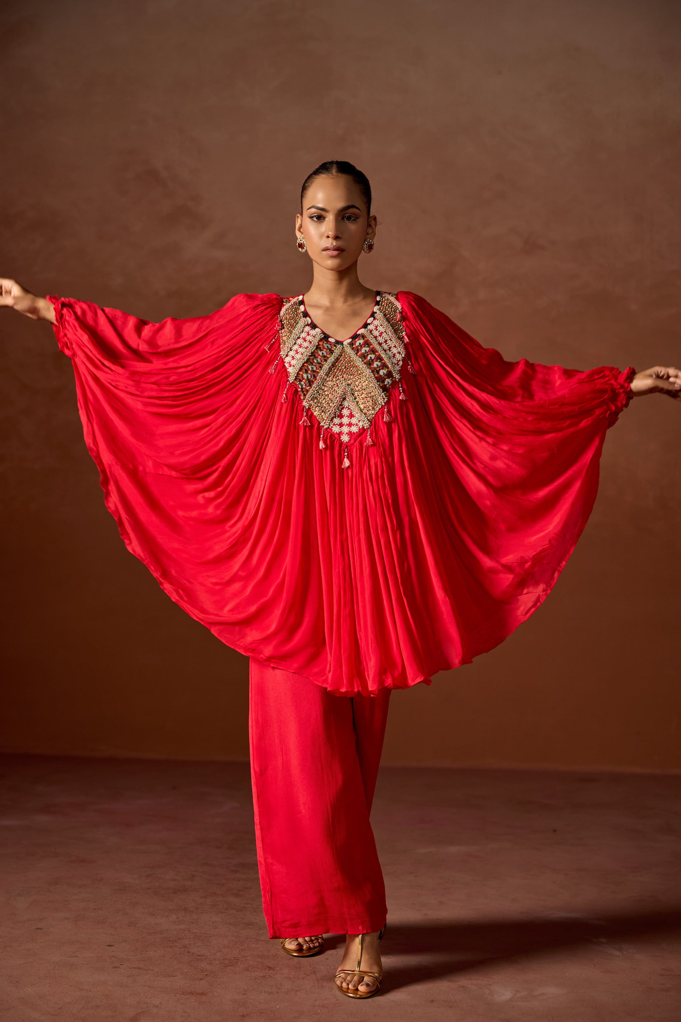 Red Embellished Chinon Silk Kaftan Set