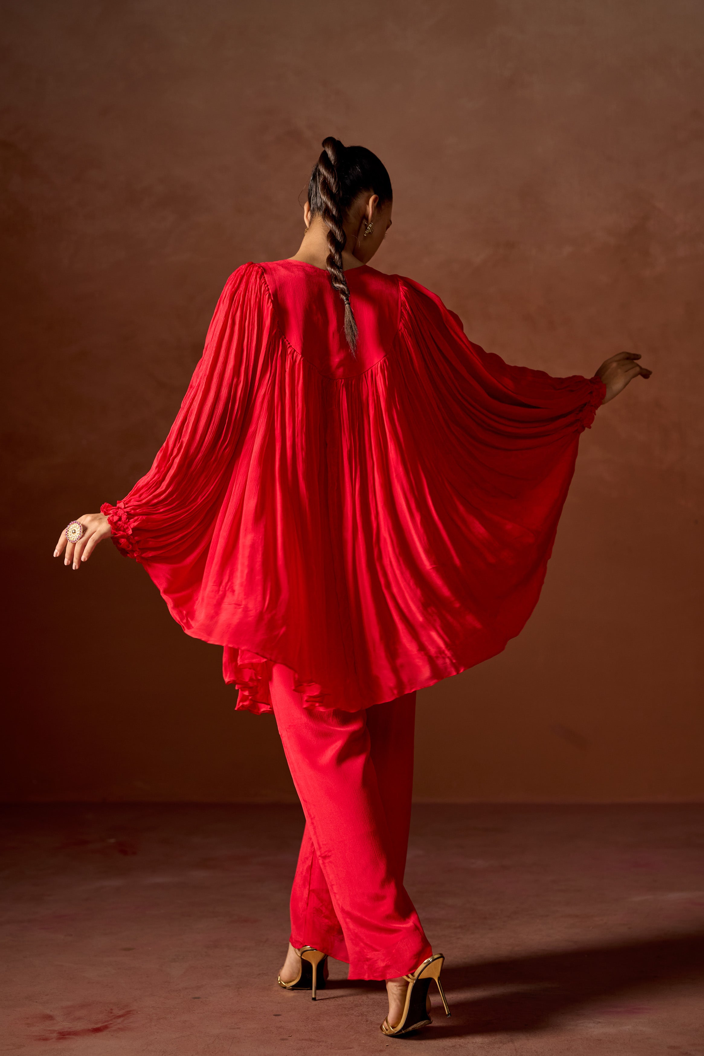 Red Embellished Chinon Silk Kaftan Set