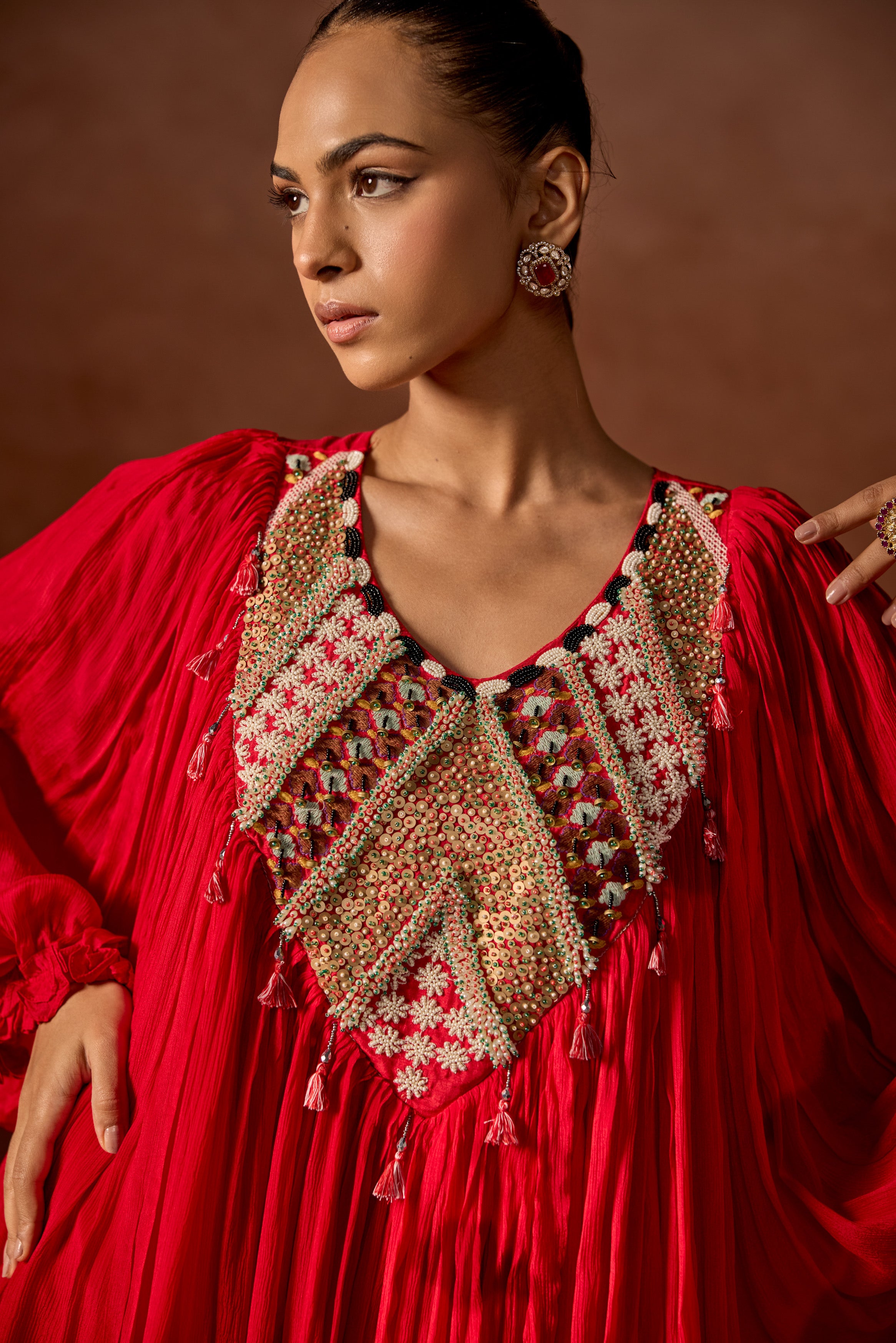 Red Embellished Chinon Silk Kaftan Set