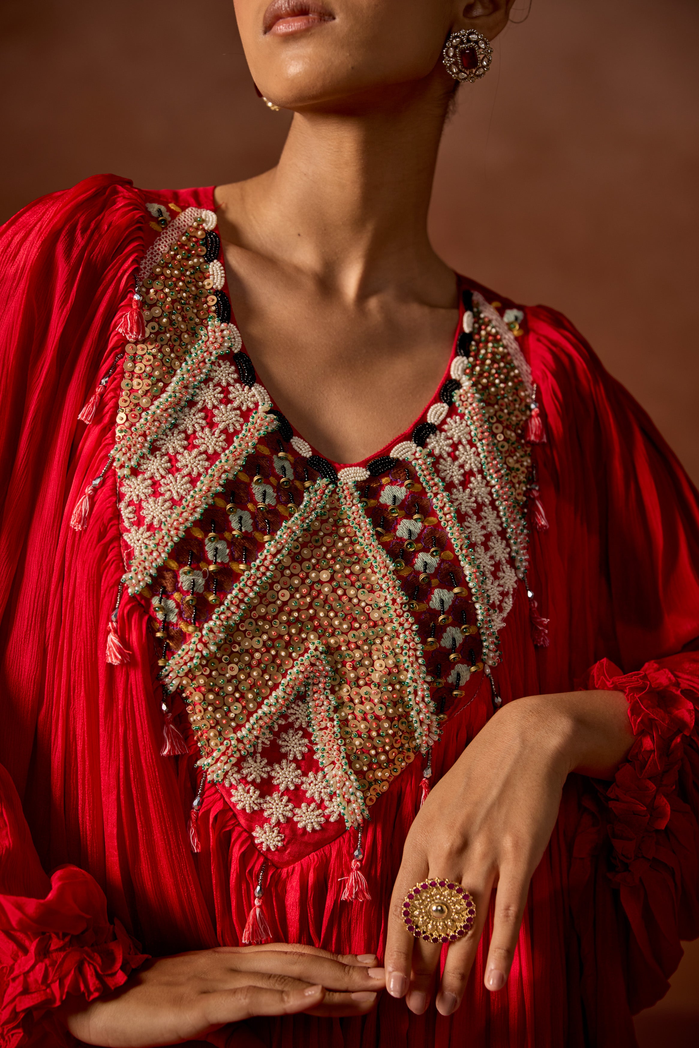 Red Embellished Chinon Silk Kaftan Set