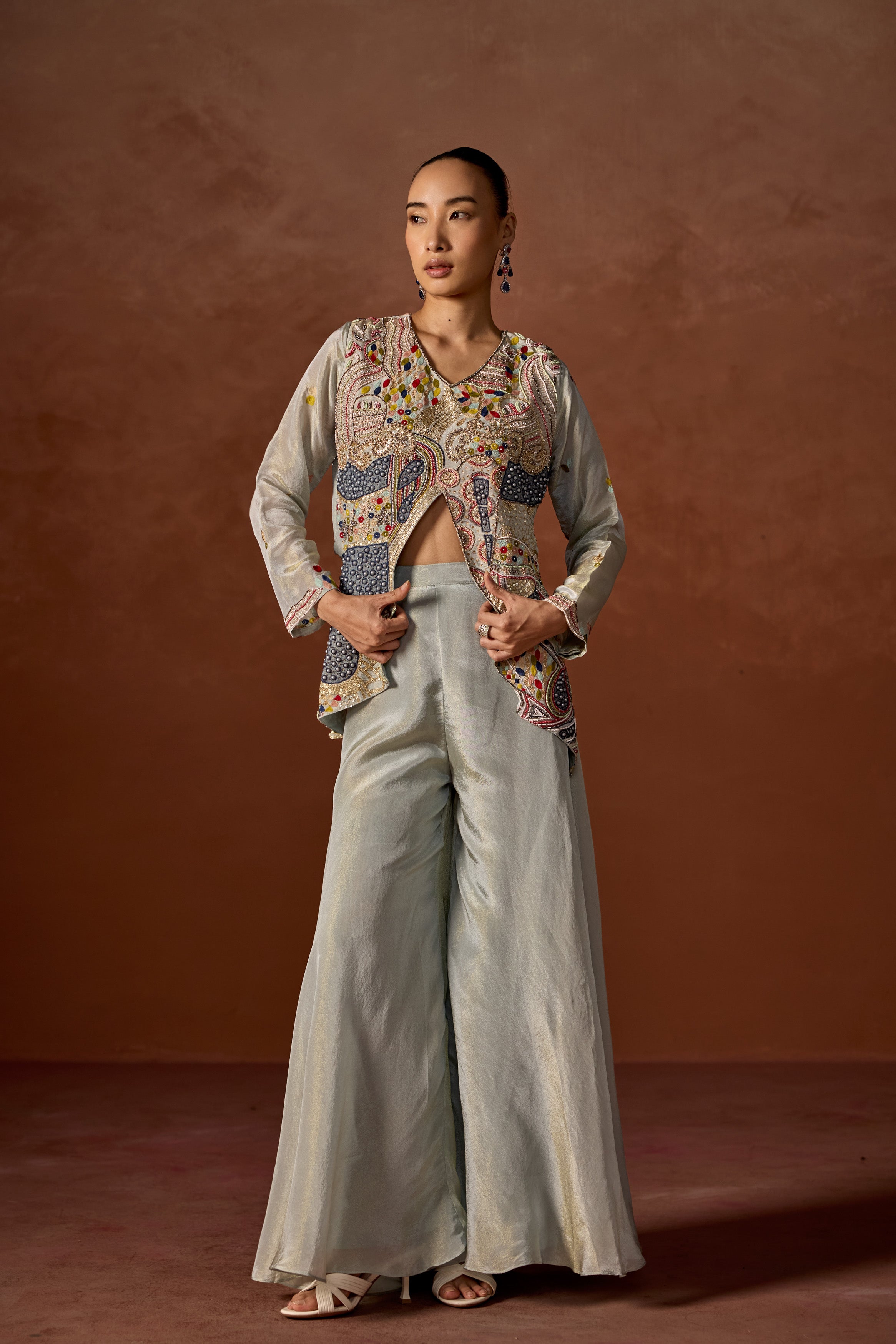 Ice Blue Embroidered Jacket and Palazzo Set