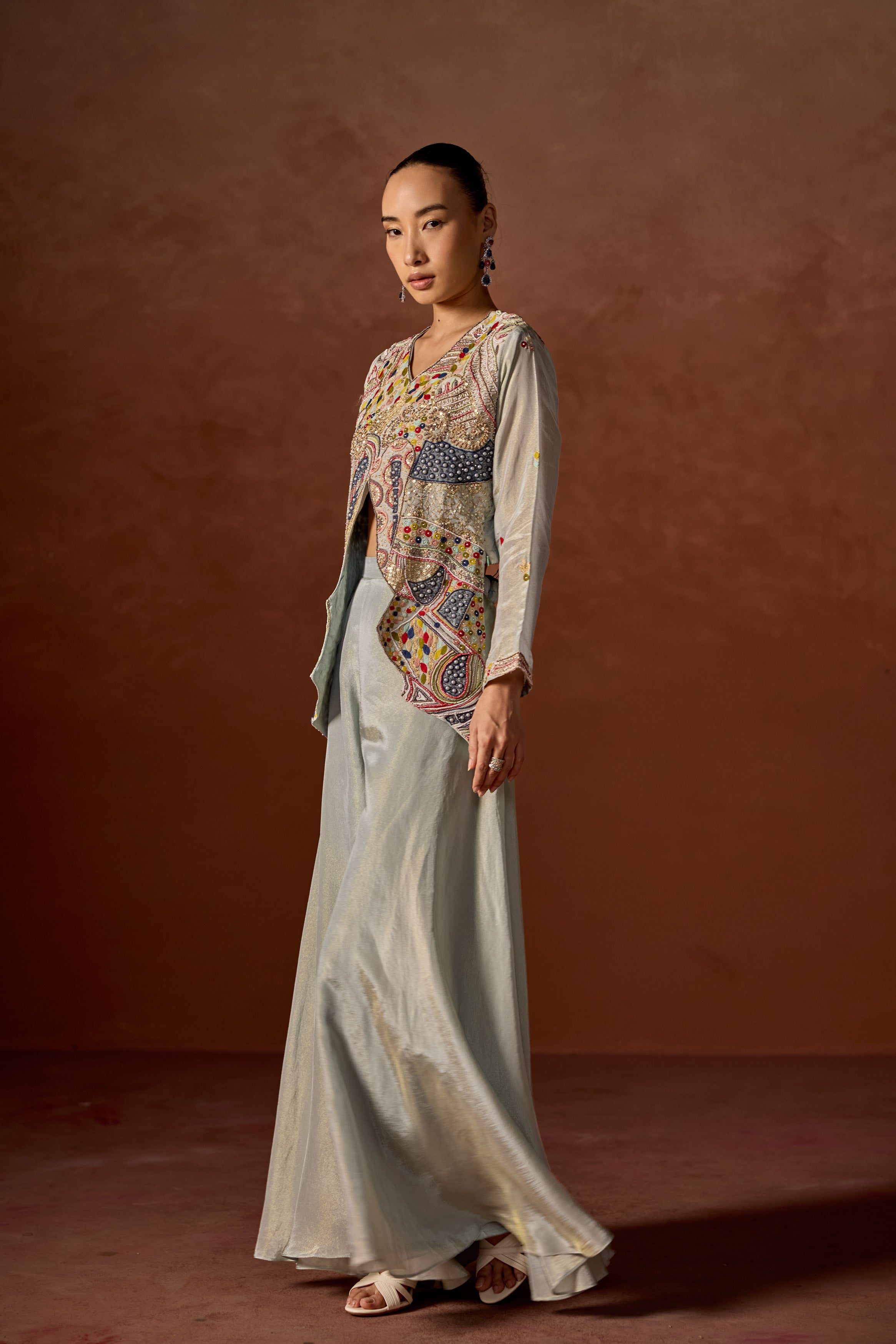 Ice Blue Embroidered Jacket and Palazzo Set