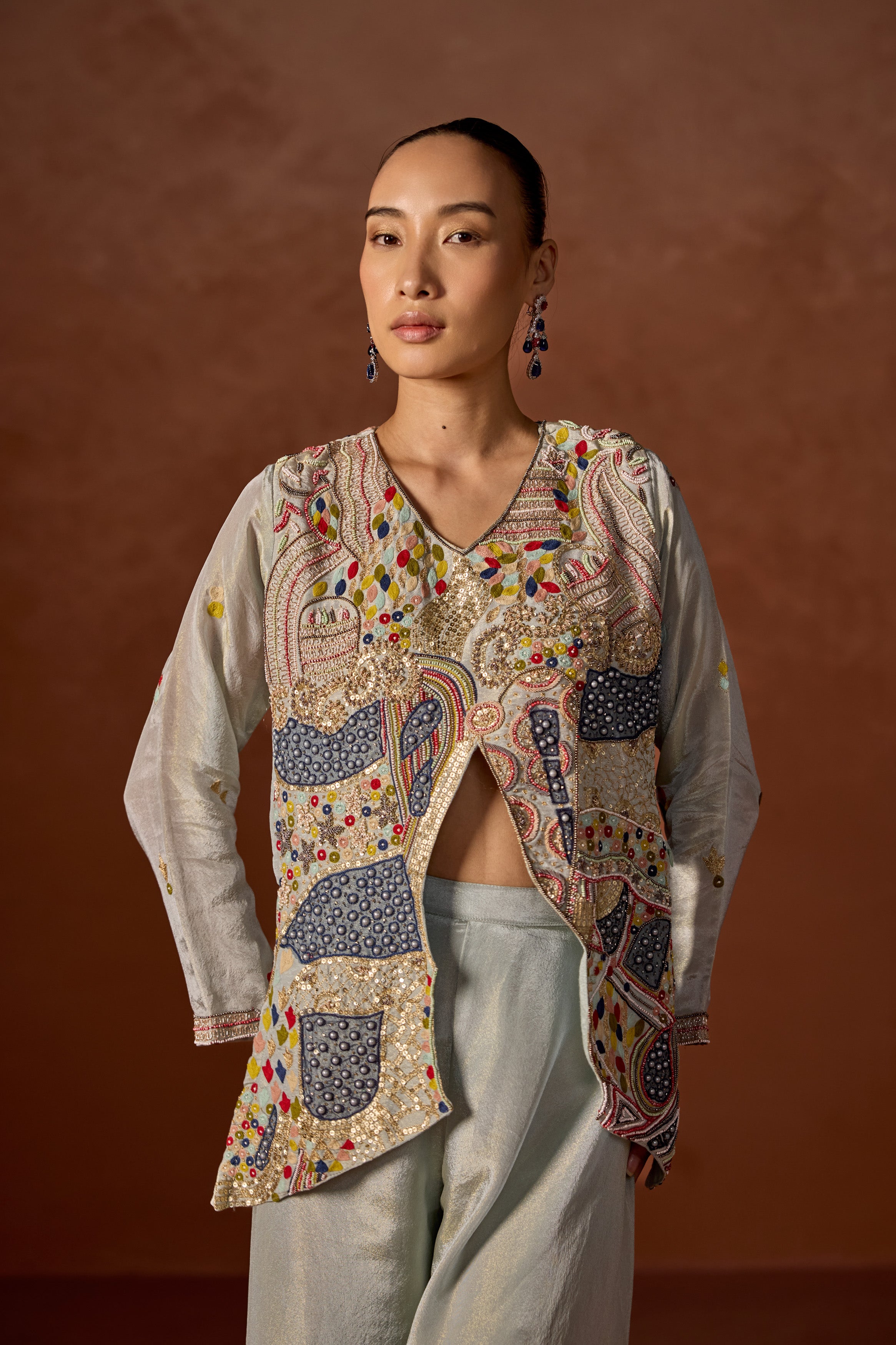Ice Blue Embroidered Jacket and Palazzo Set