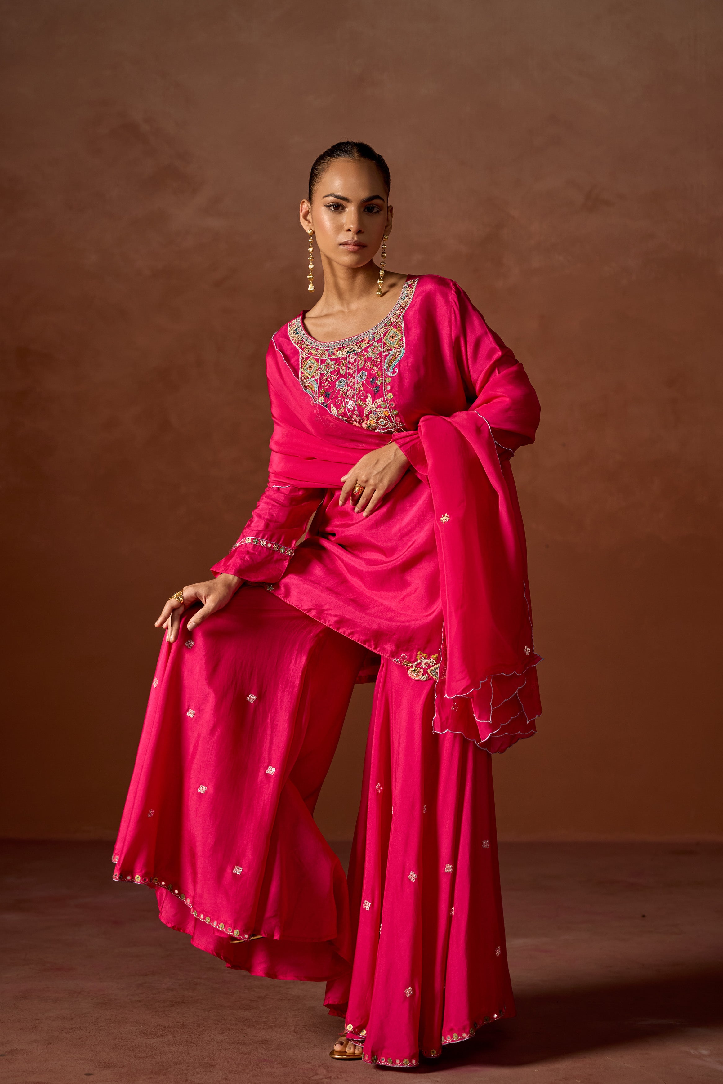 Hot Pink Embellished  Chinon Silk Sharara Set