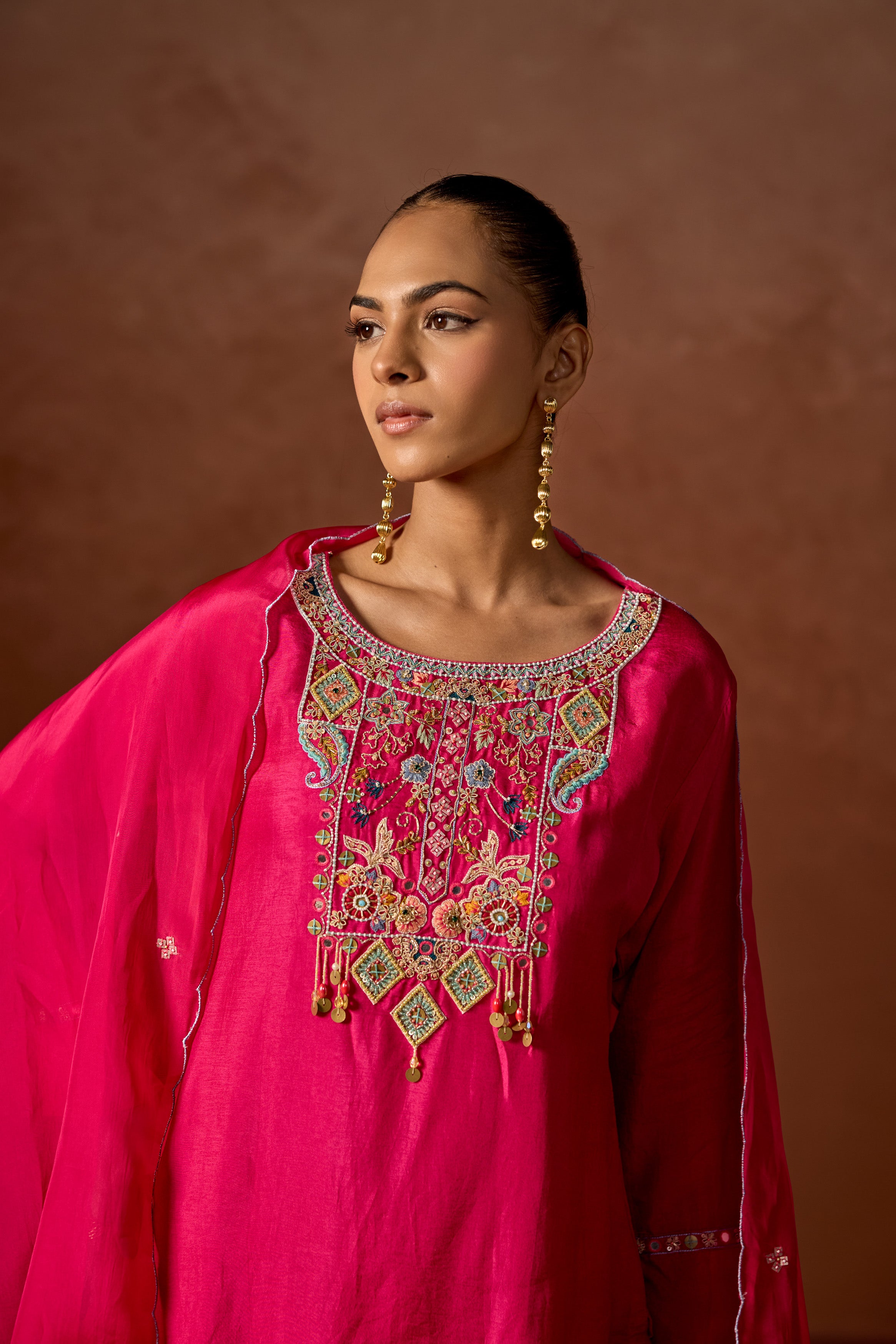 Hot Pink Embellished  Chinon Silk Sharara Set