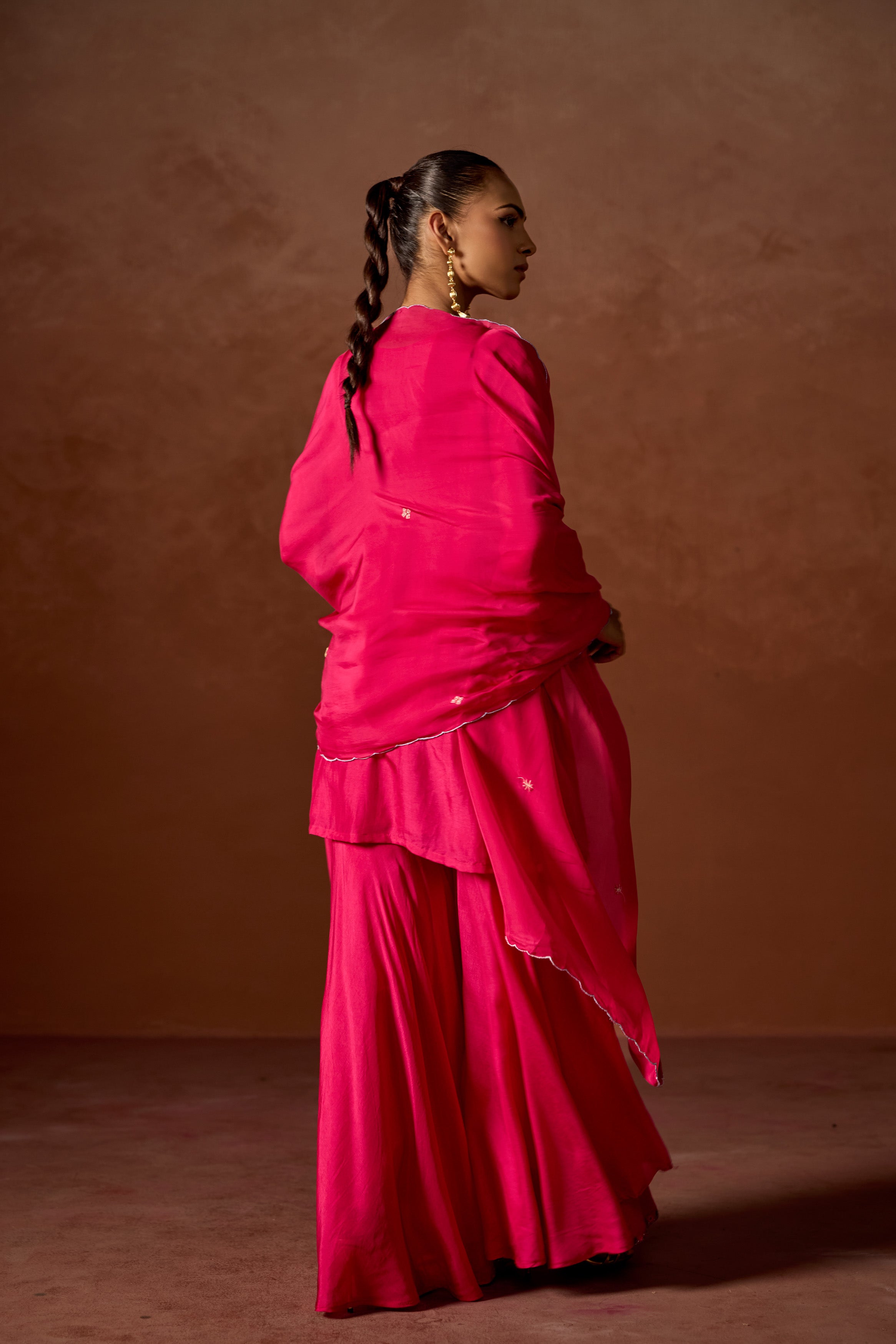 Hot Pink Embellished  Chinon Silk Sharara Set
