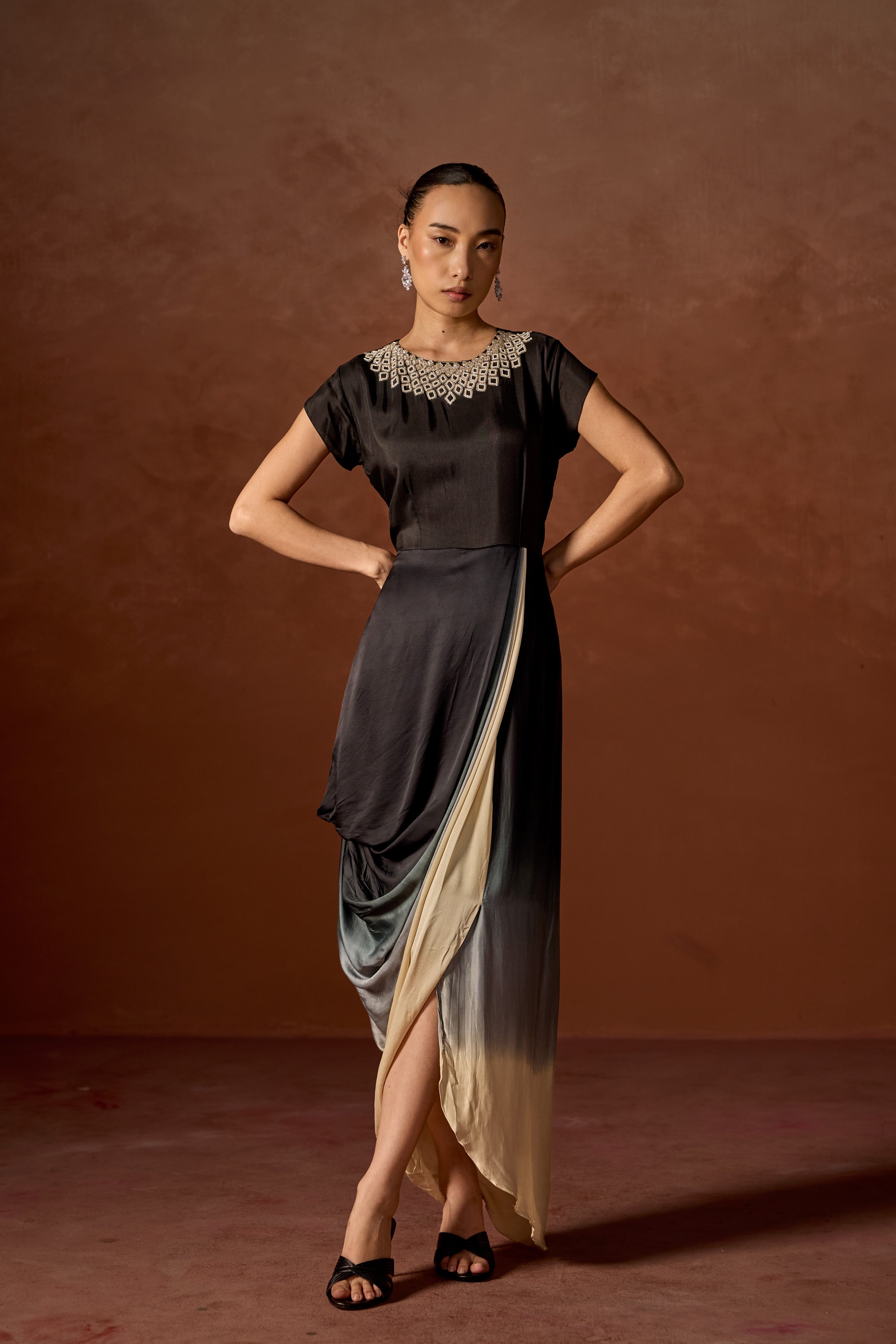 Charcoal Black Embellished Satin Silk Gown