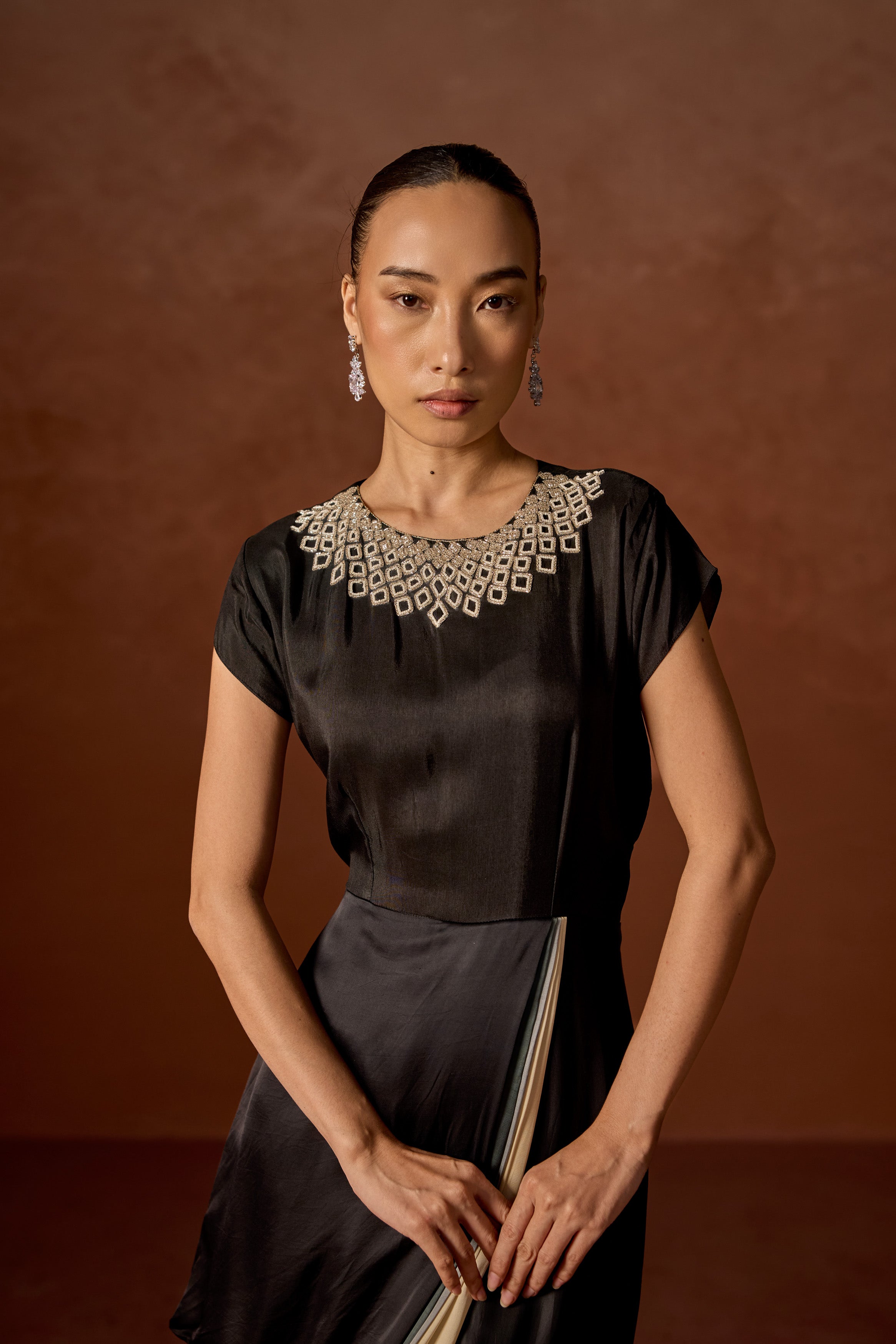 Charcoal Black Embellished Satin Silk Gown