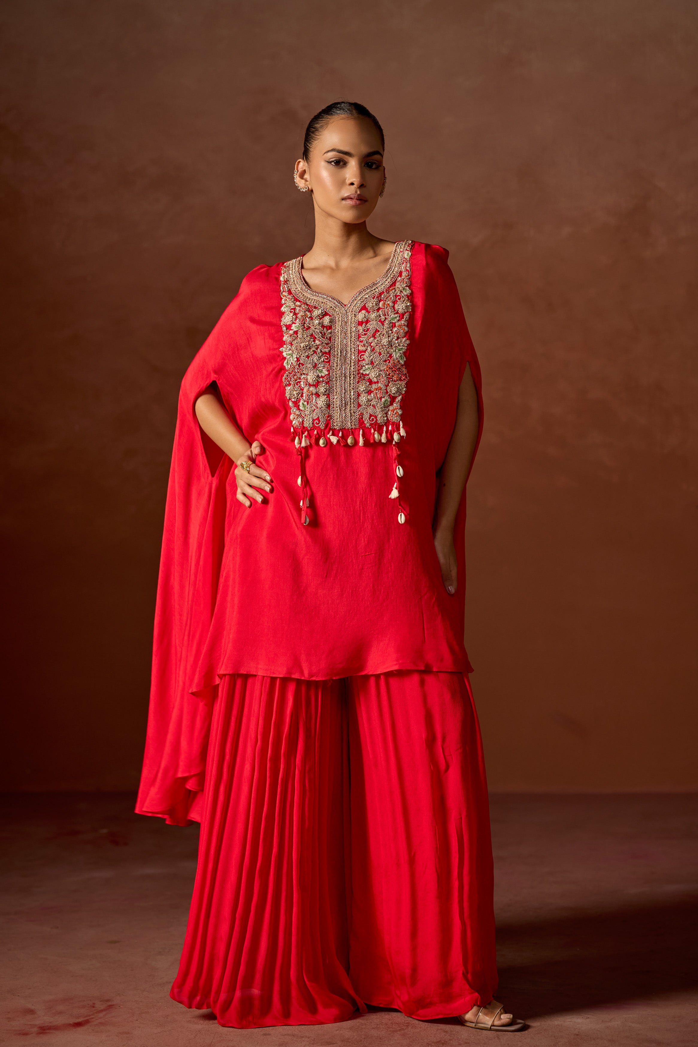 Red Embellished Raw Silk Kaftan Set