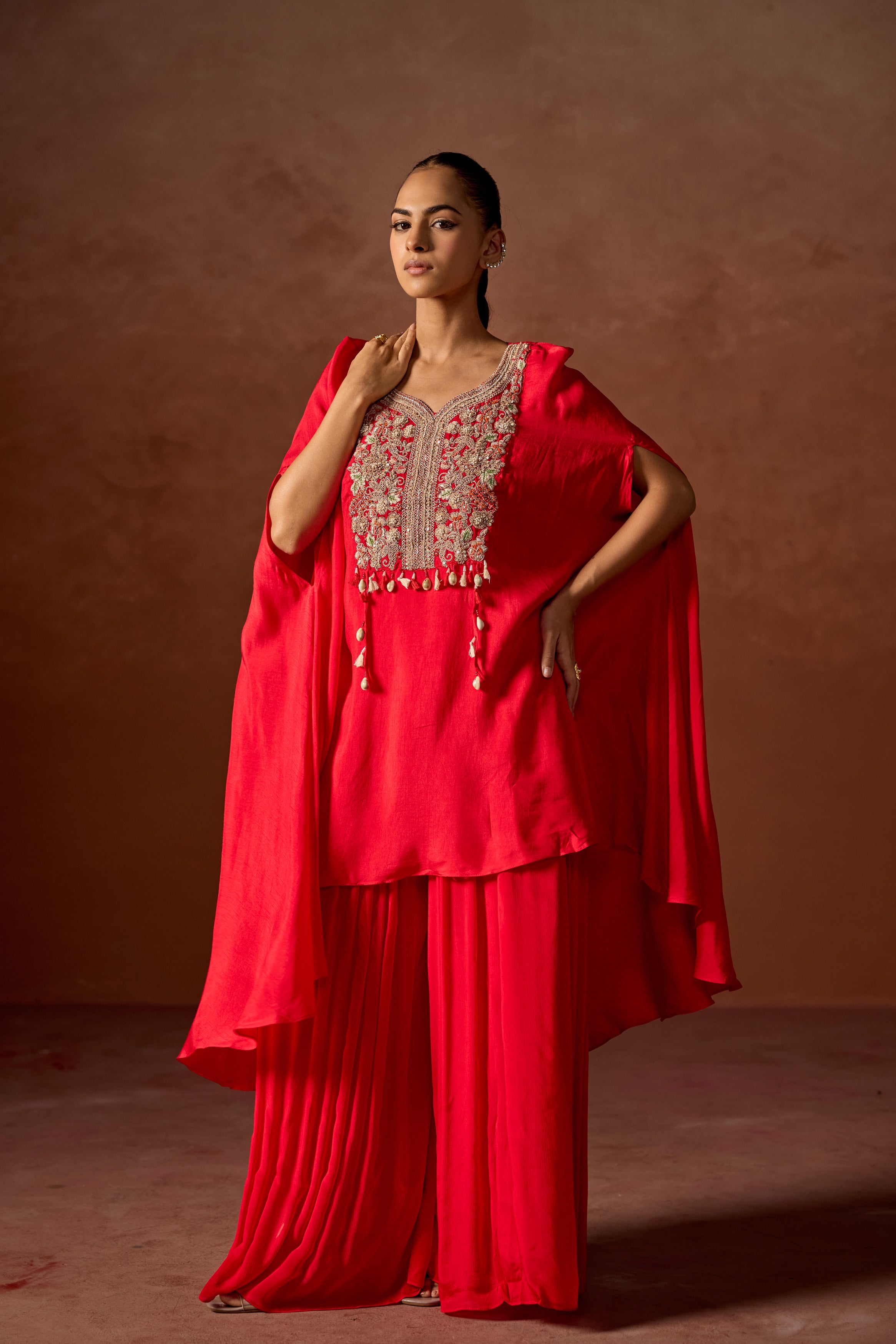 Red Embellished Raw Silk Kaftan Set