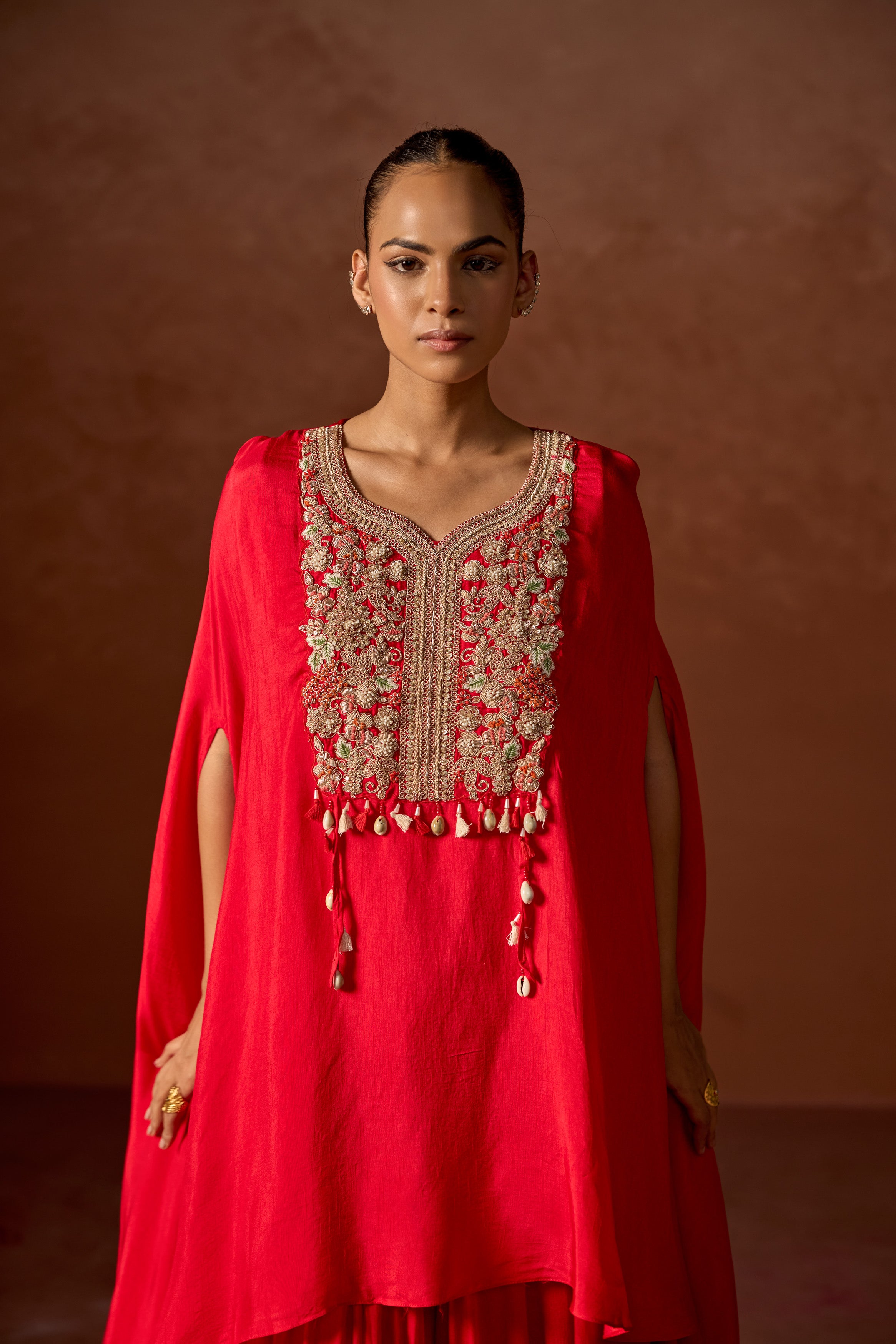 Red Embellished Raw Silk Kaftan Set