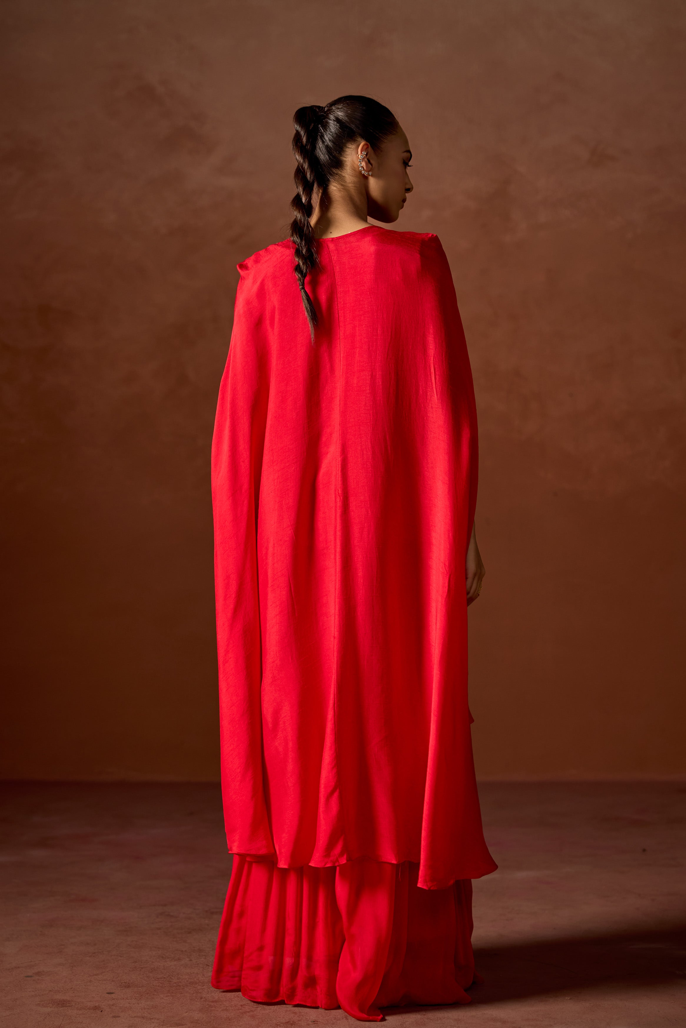 Red Embellished Raw Silk Kaftan Set