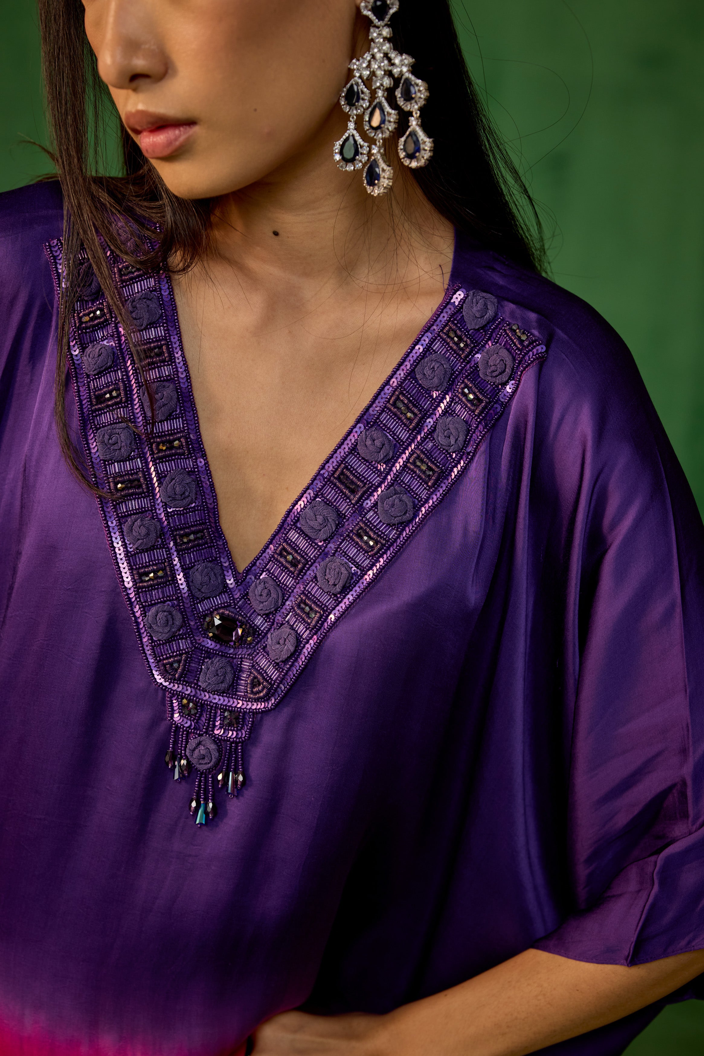 Royal Purple Embellished Satin Silk Kaftan Set