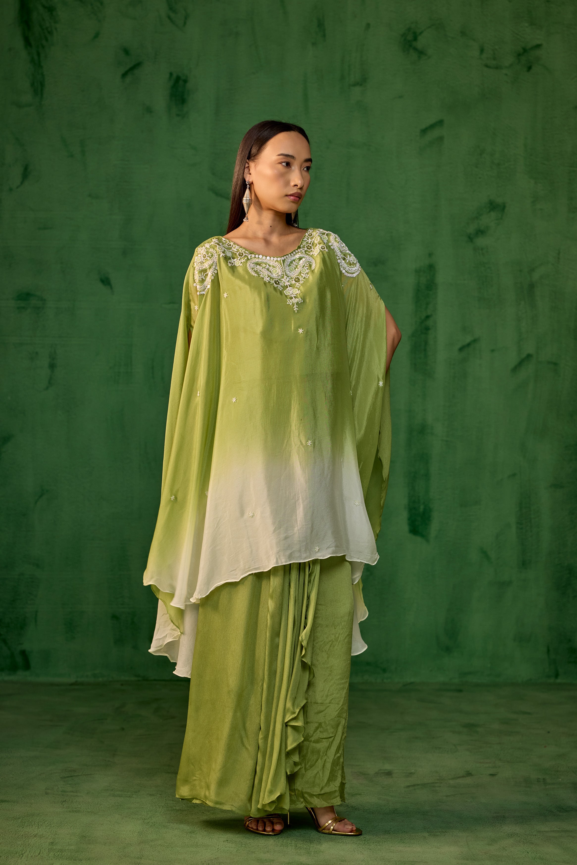 Ombre Green Embroidered Chinon Silk Kaftan Set