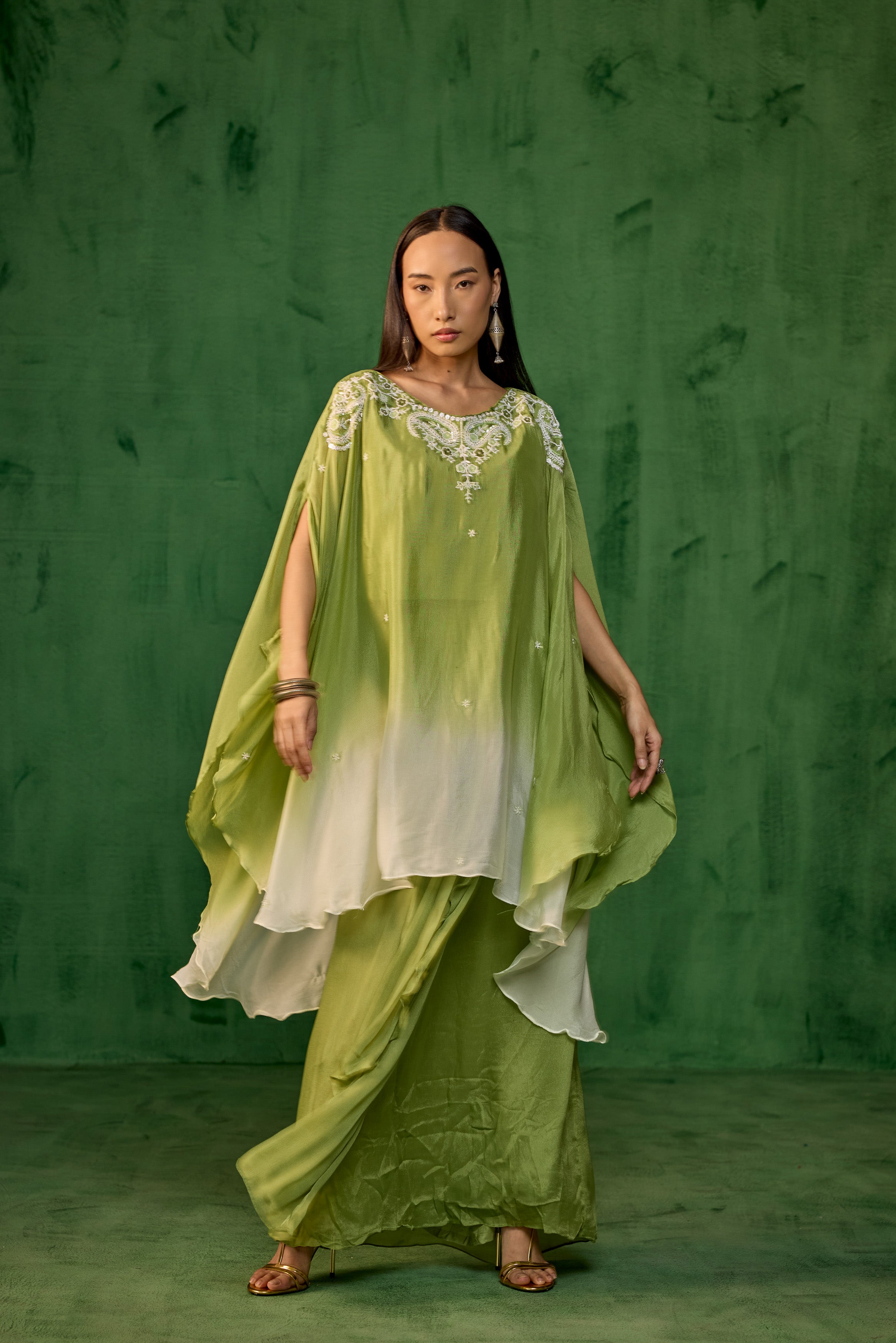 Ombre Green Embroidered Chinon Kaftan Set