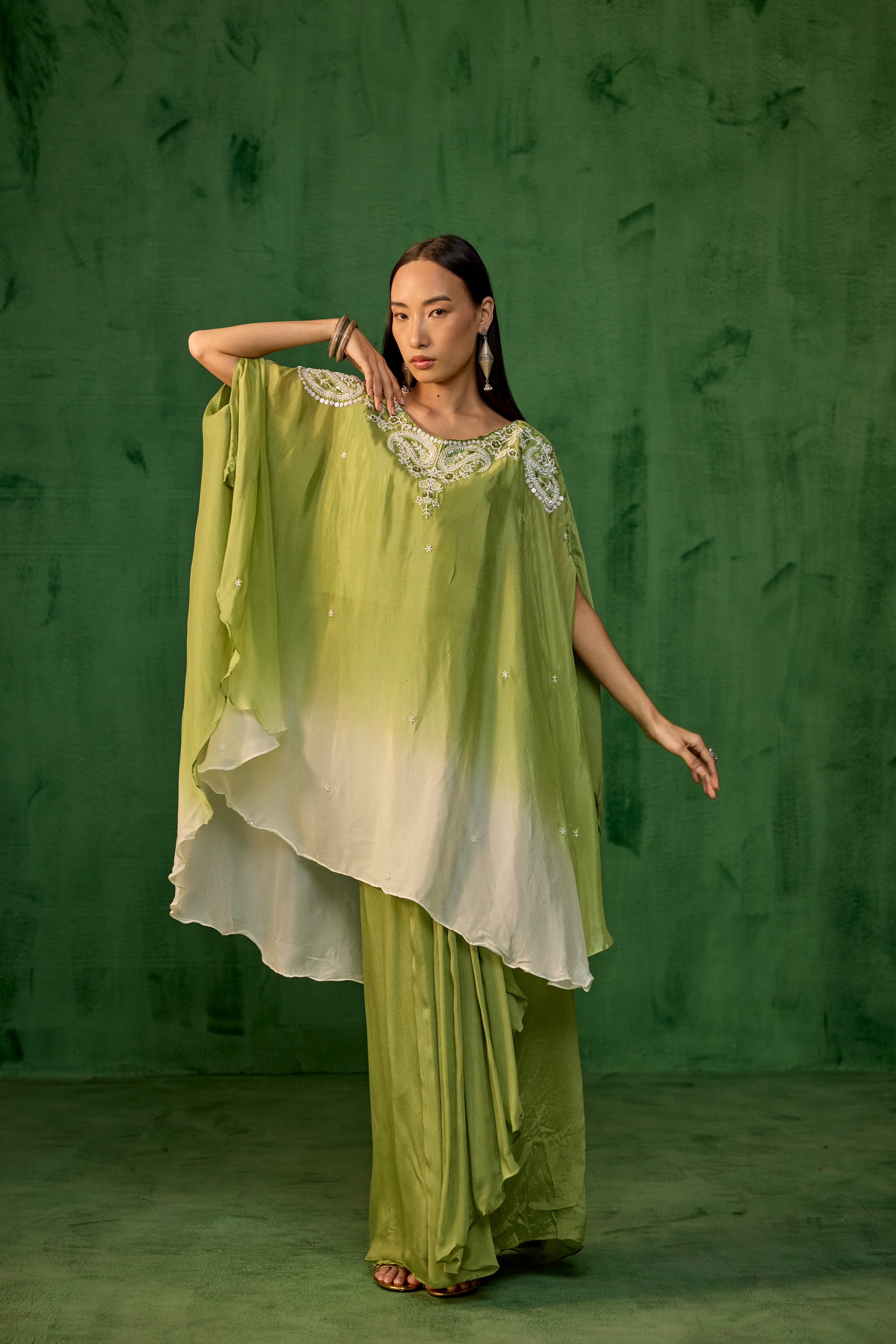 Ombre Green Embroidered Chinon Silk Kaftan Set