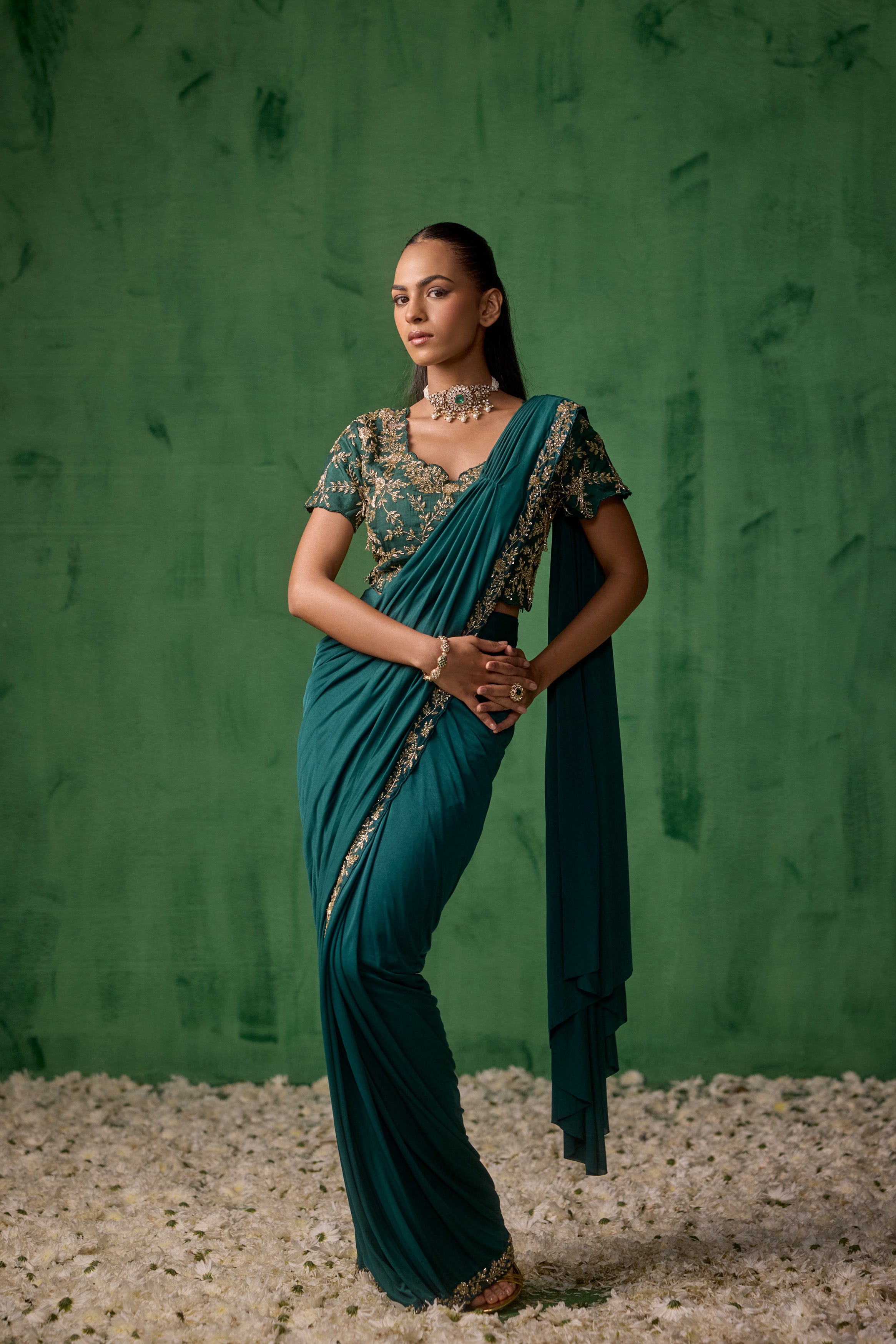 Emerald Teal Embellished Lycra Silk Draped Saree