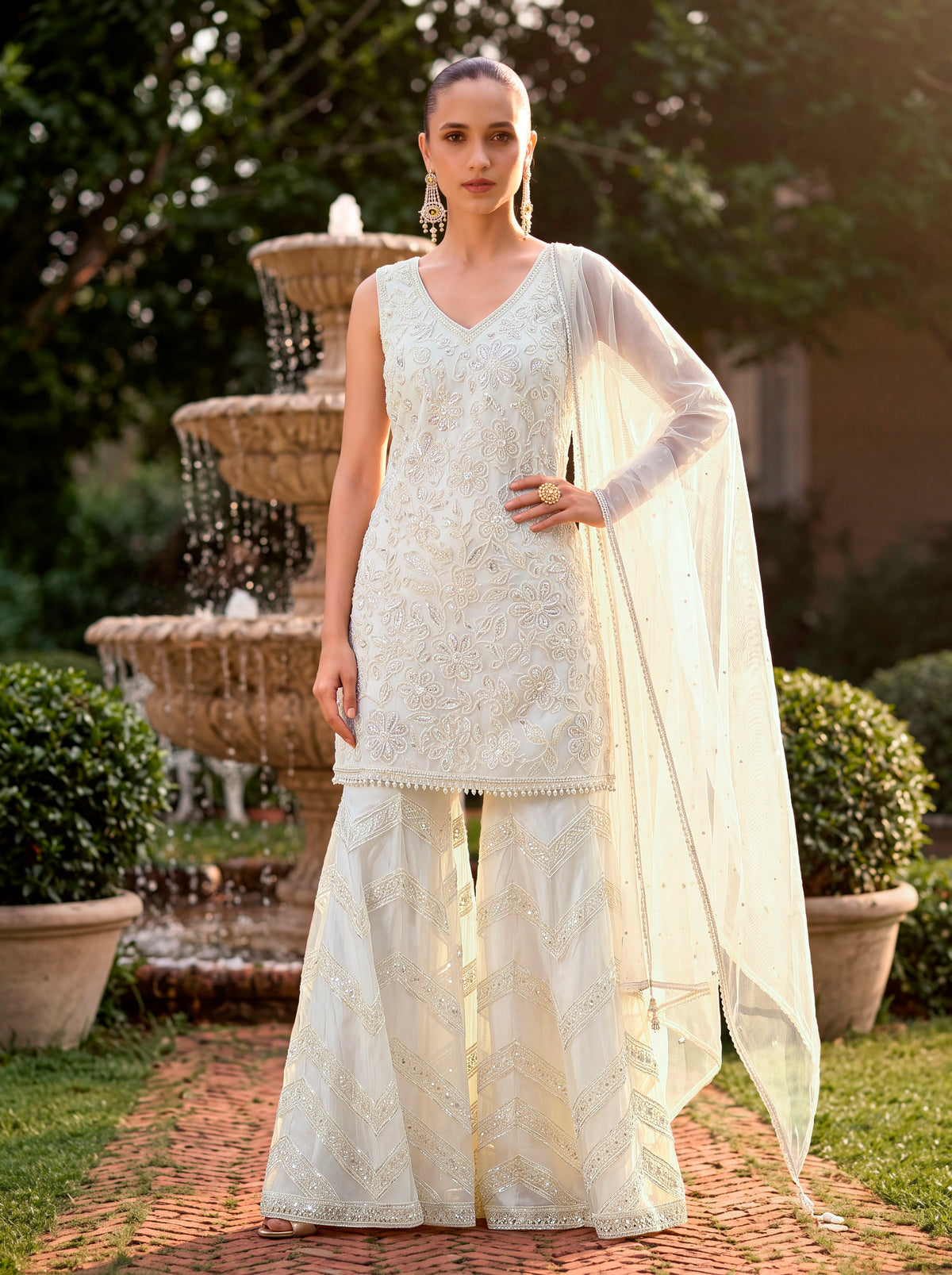 Ivory Embellished Georgette Silk Palazzo Set