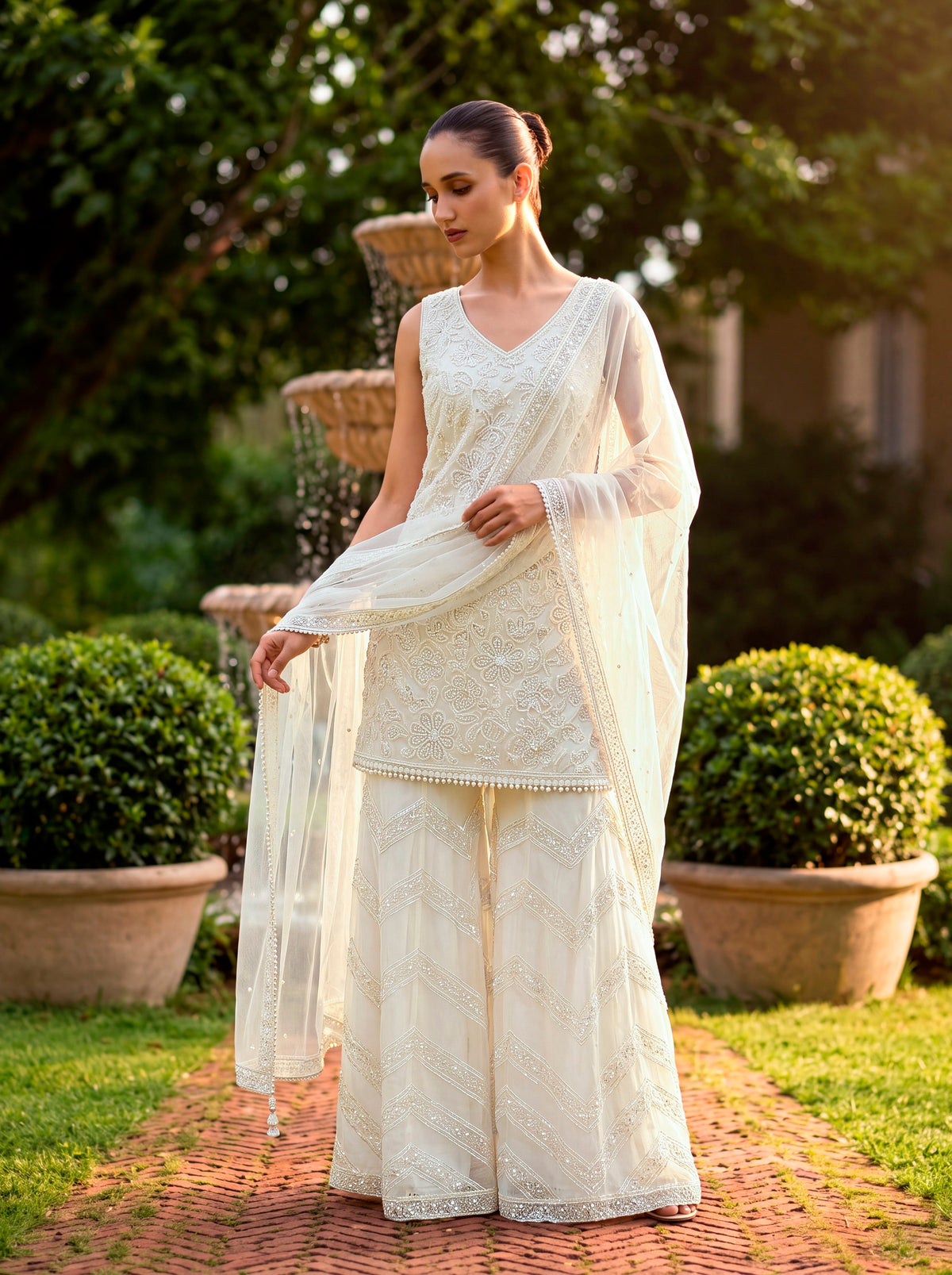 Ivory Embellished Georgette Silk Palazzo Set