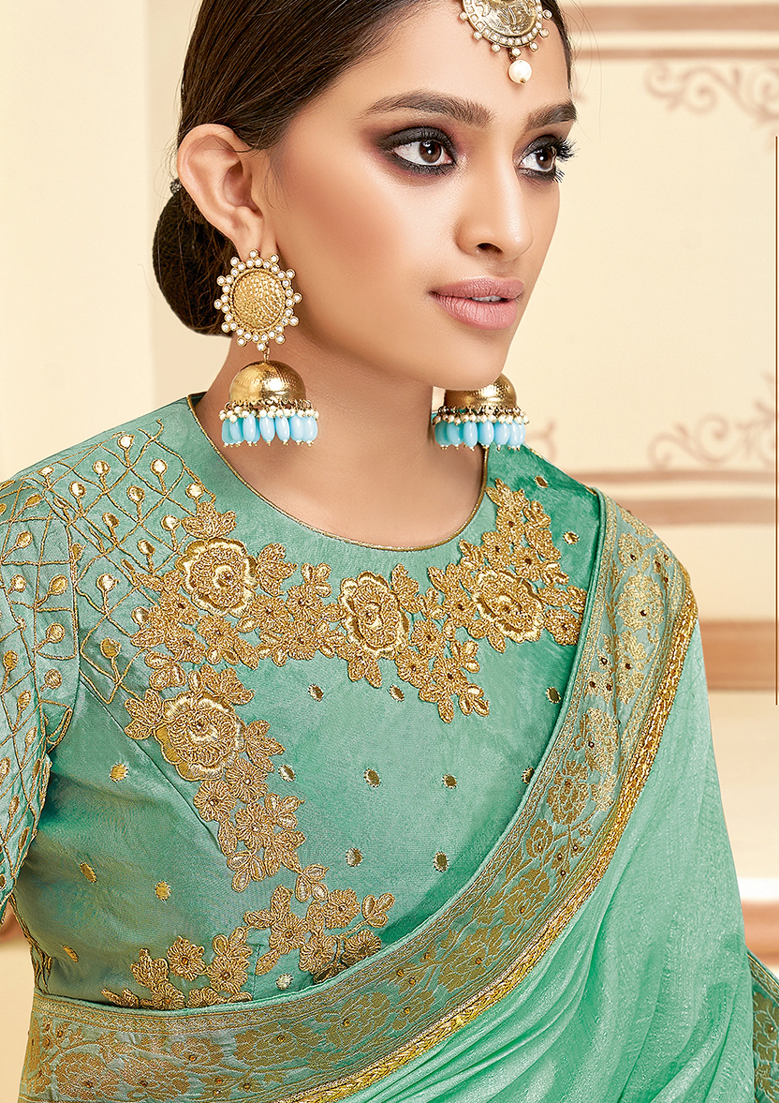 Sea Green Embellished Brocade Silk Saree