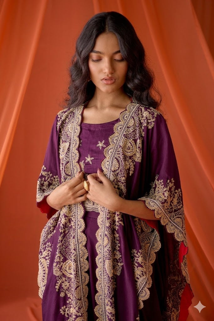Deep Plum Embellished Raw Silk Cape Set