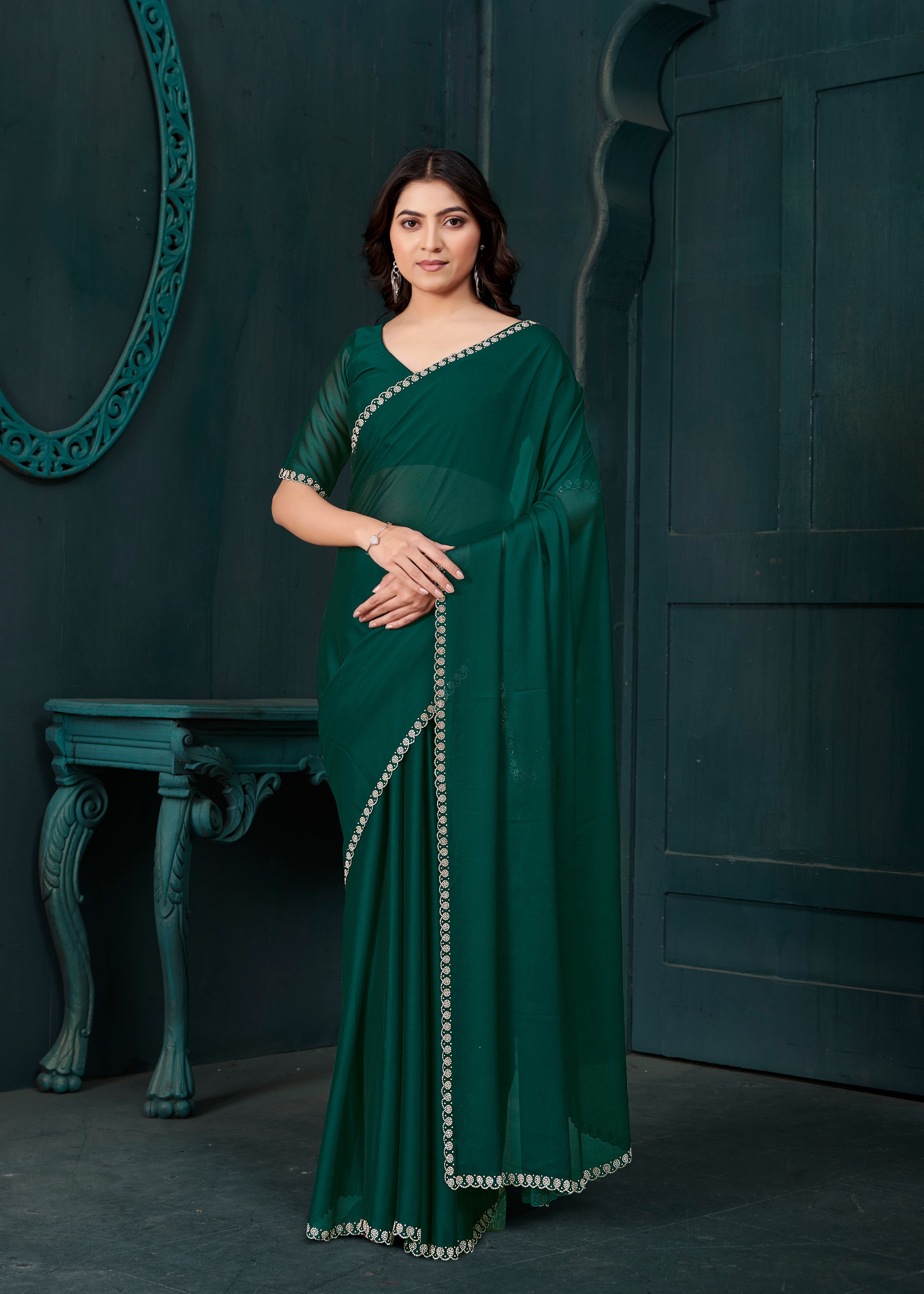 Deep Green Embellished Crepe Silk Saree
