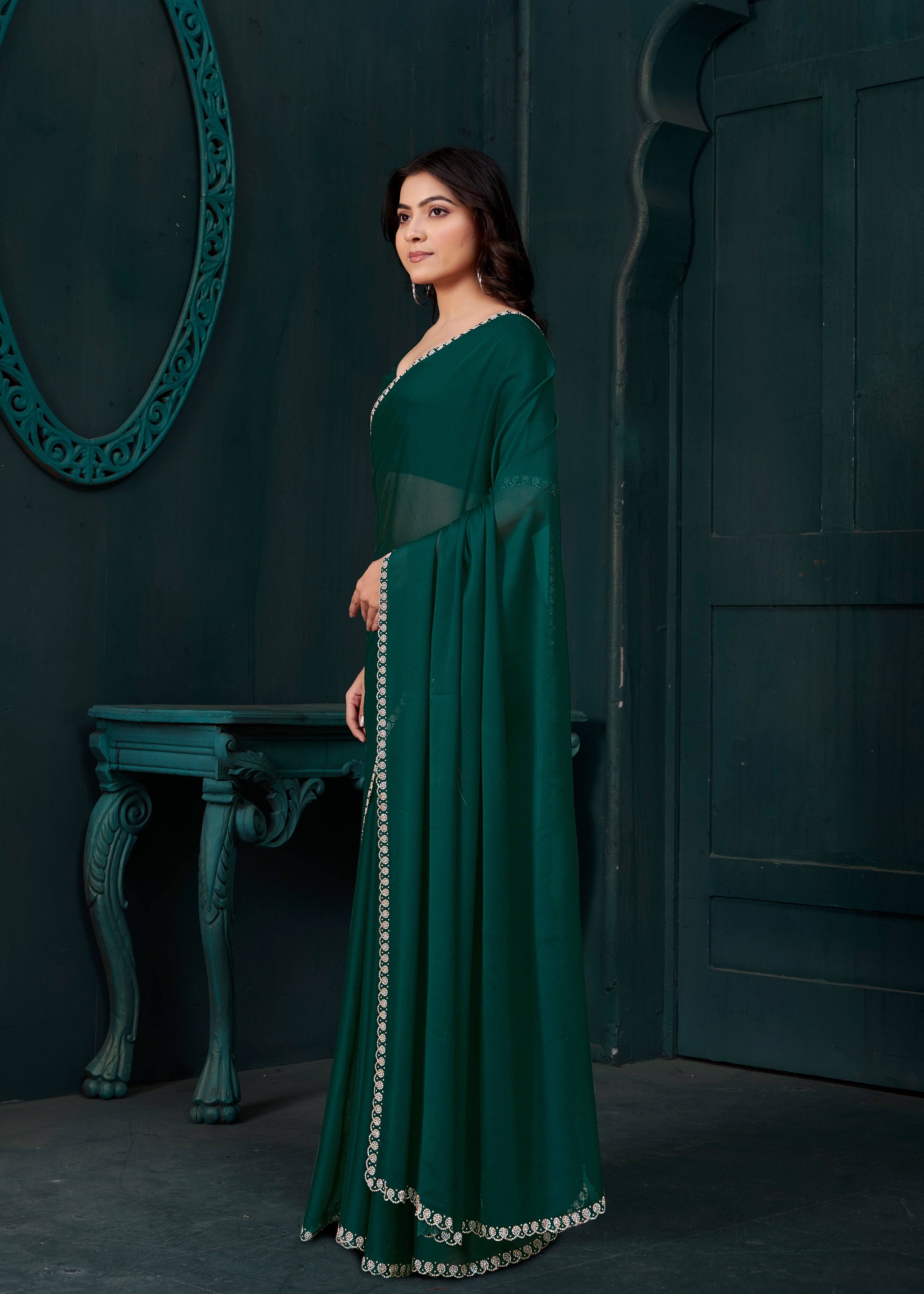 Deep Green Embellished Crepe Silk Saree