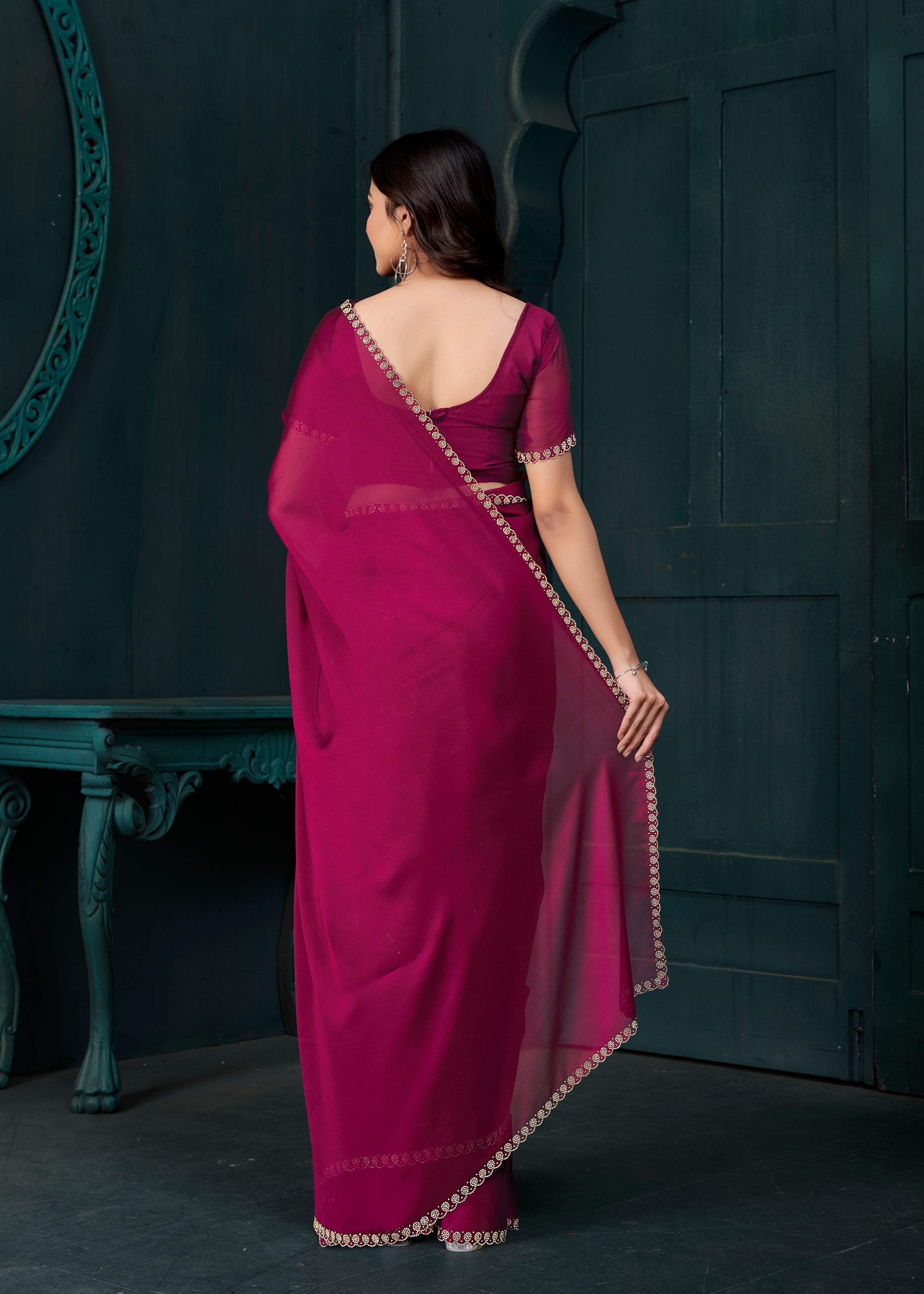 Deep Magenta Embellished Crepe Silk Saree