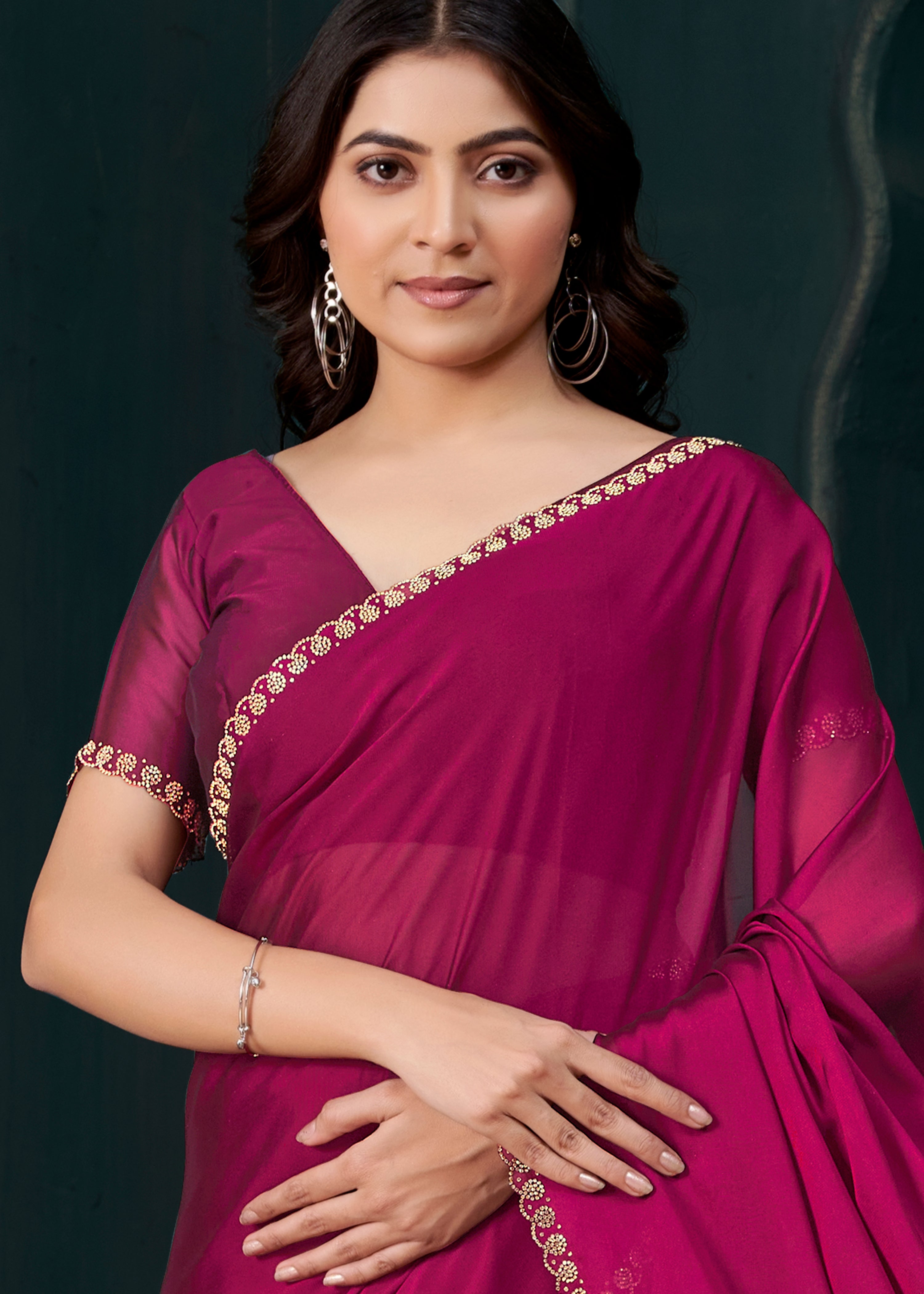 Deep Magenta Embellished Crepe Silk Saree