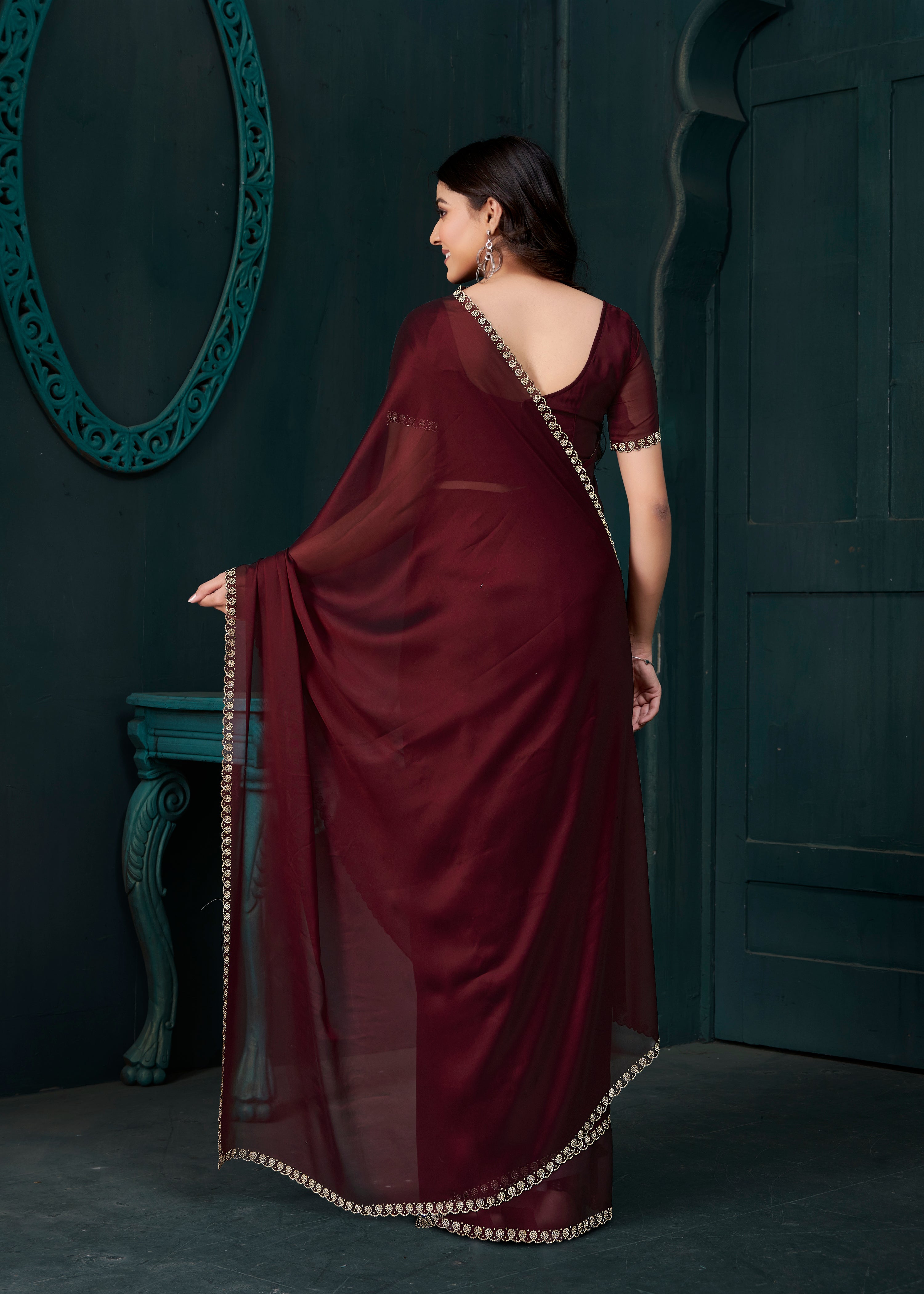Deep Maroon Embellished Crepe Silk Saree