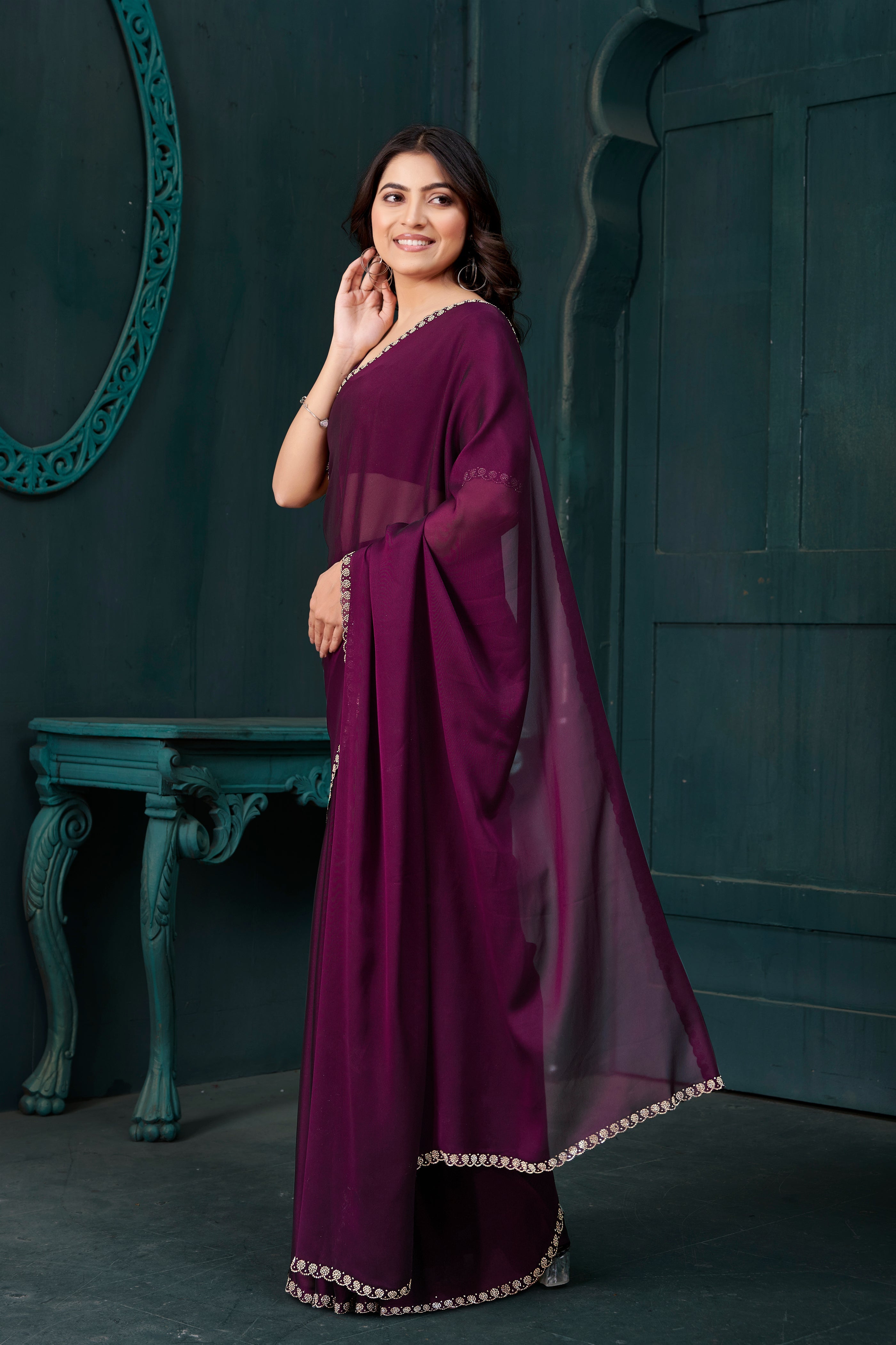 Deep Plum Embellished Crepe Silk Saree