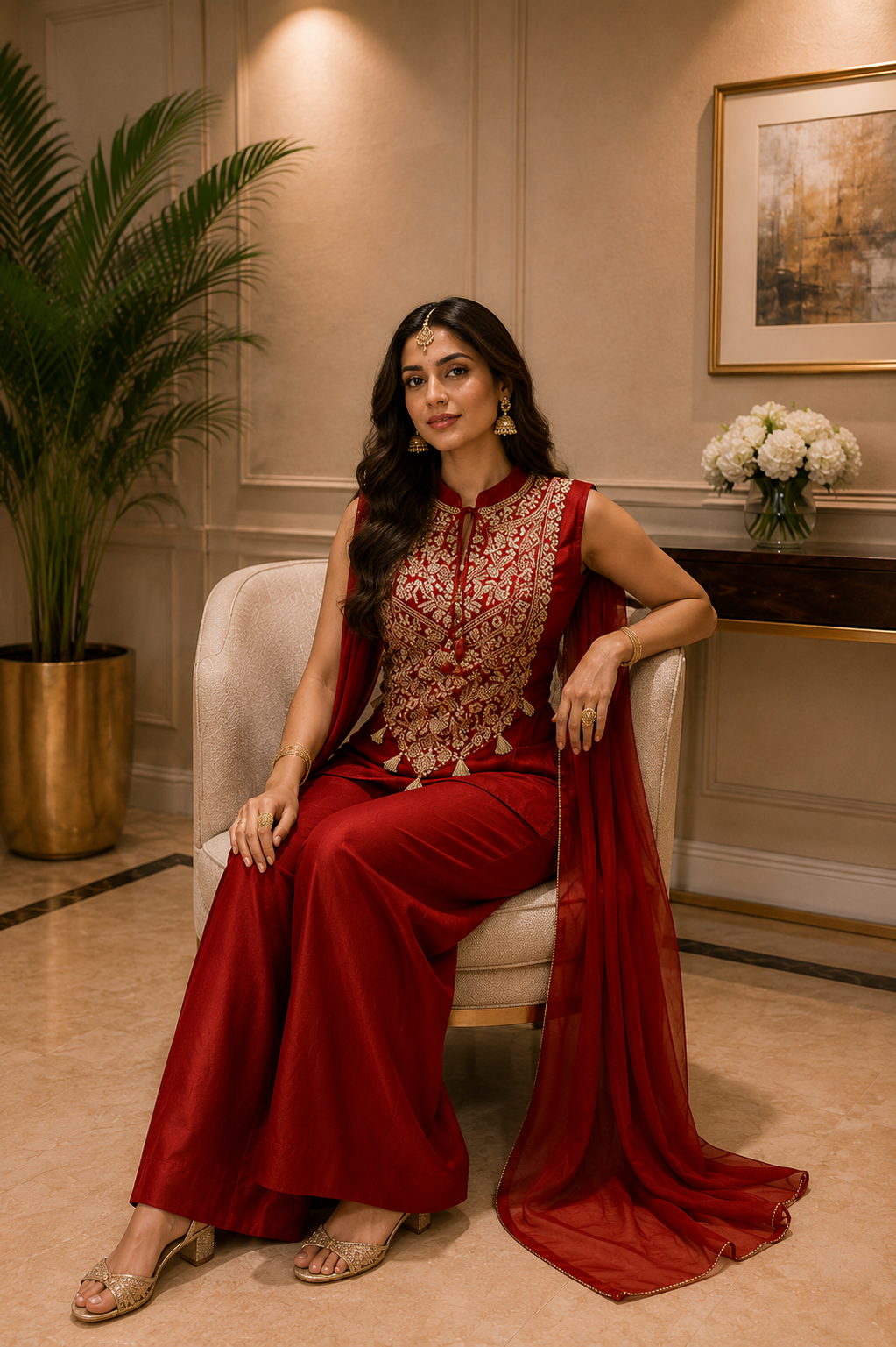 Rust Rouge Embellished Crepe Silk Palazzo Set