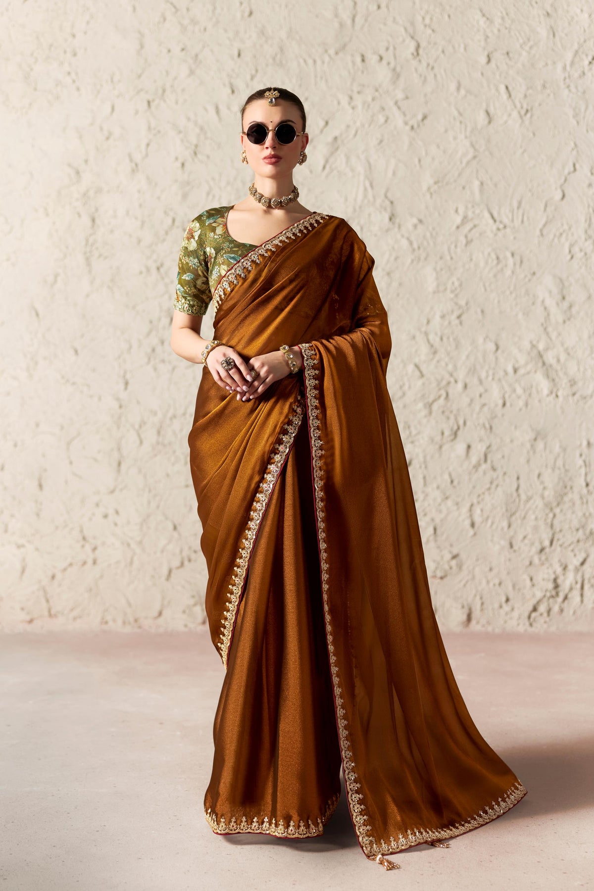 Metallic Copper Embellished Tissue Silk Saree