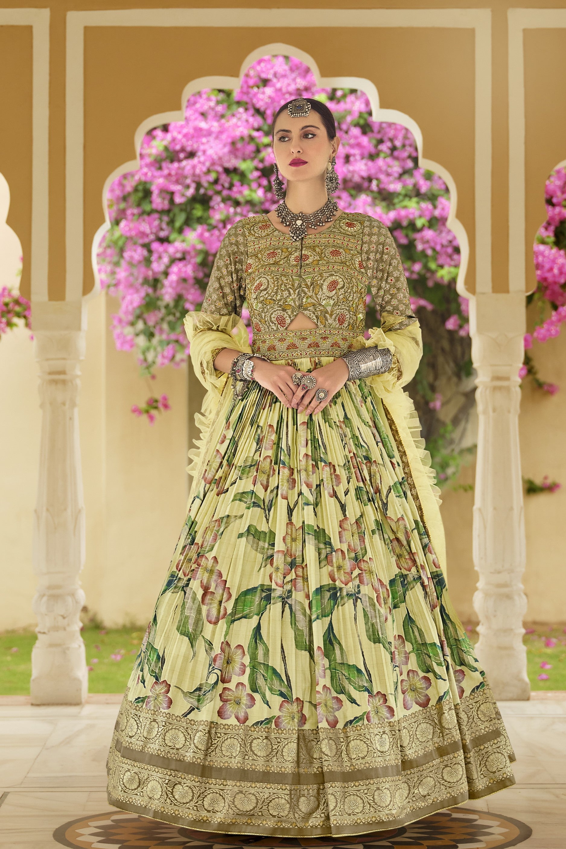 Spring Yellow Floral Printed Premium Silk Anarkali Set