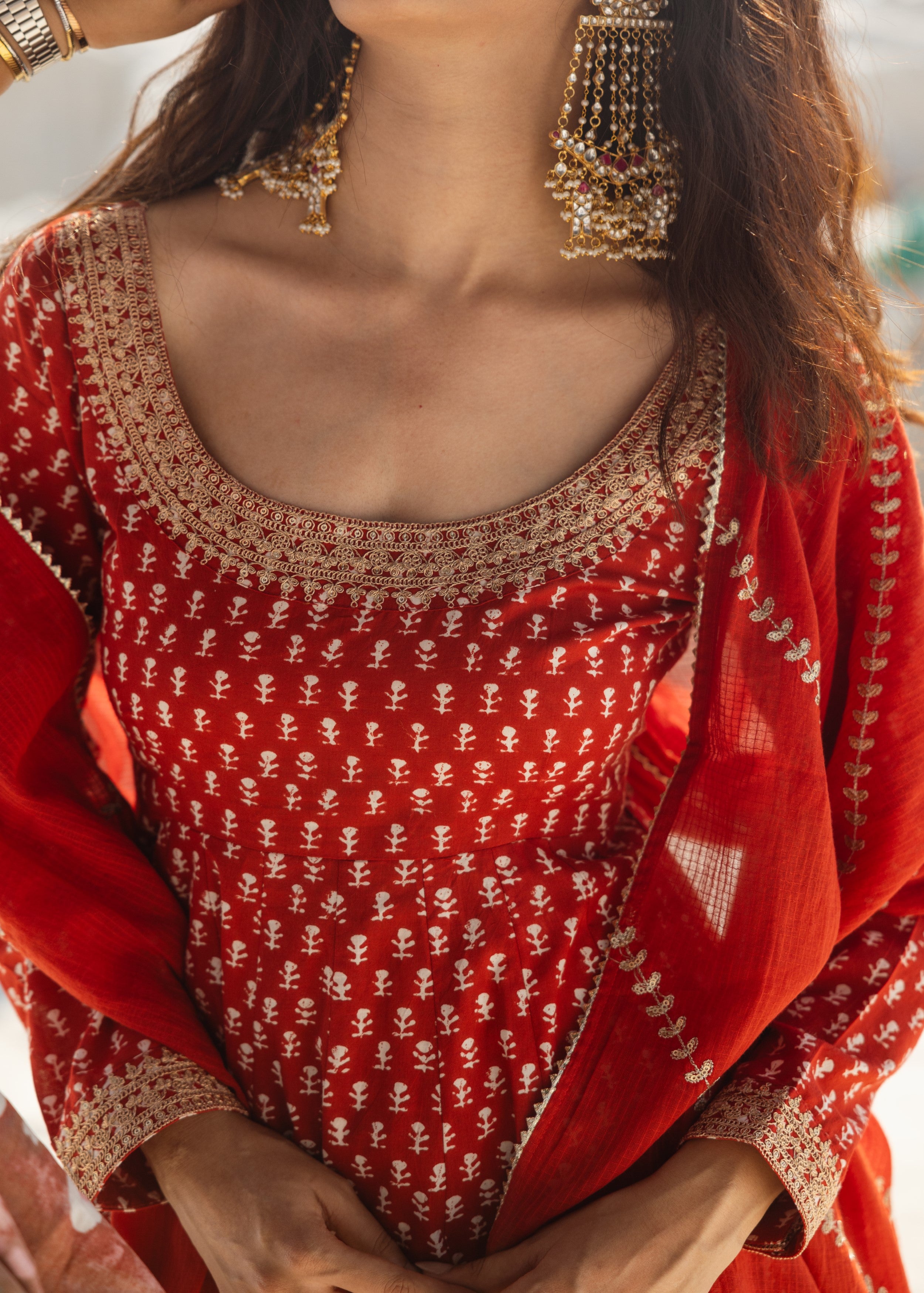 Crimson Red Embellished Organic Cotton Anarkali Set