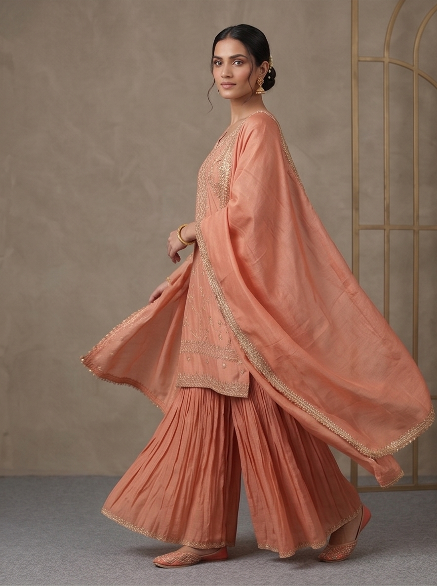 Soft Peach Tissue Silk Sharara Set