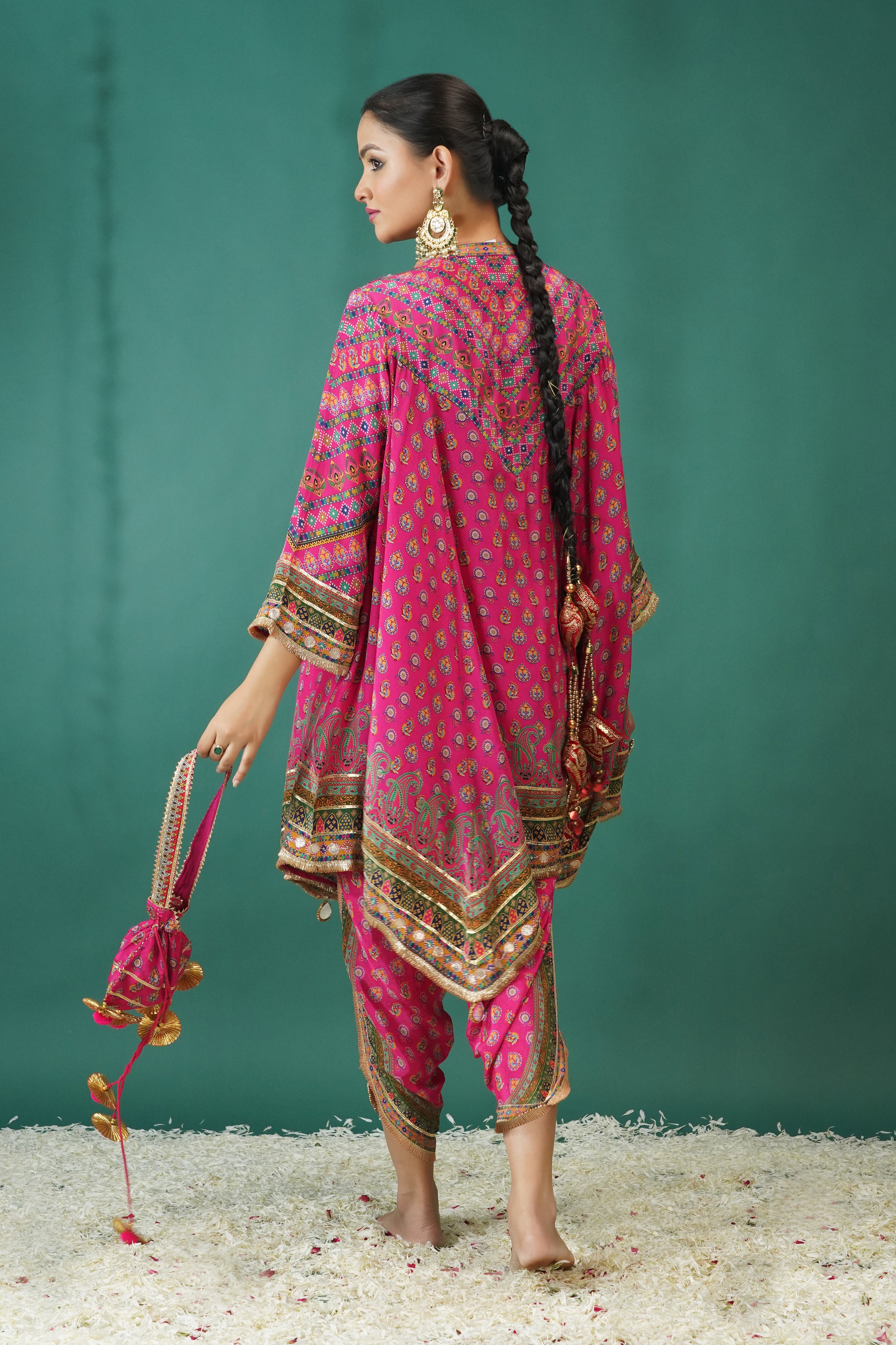 Rani Pink Ethnic Printed Crepe Silk Dhoti Set