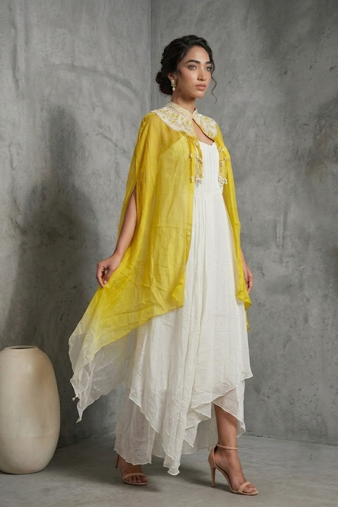 Ivory White Embellished Chinon Silk Cape Set