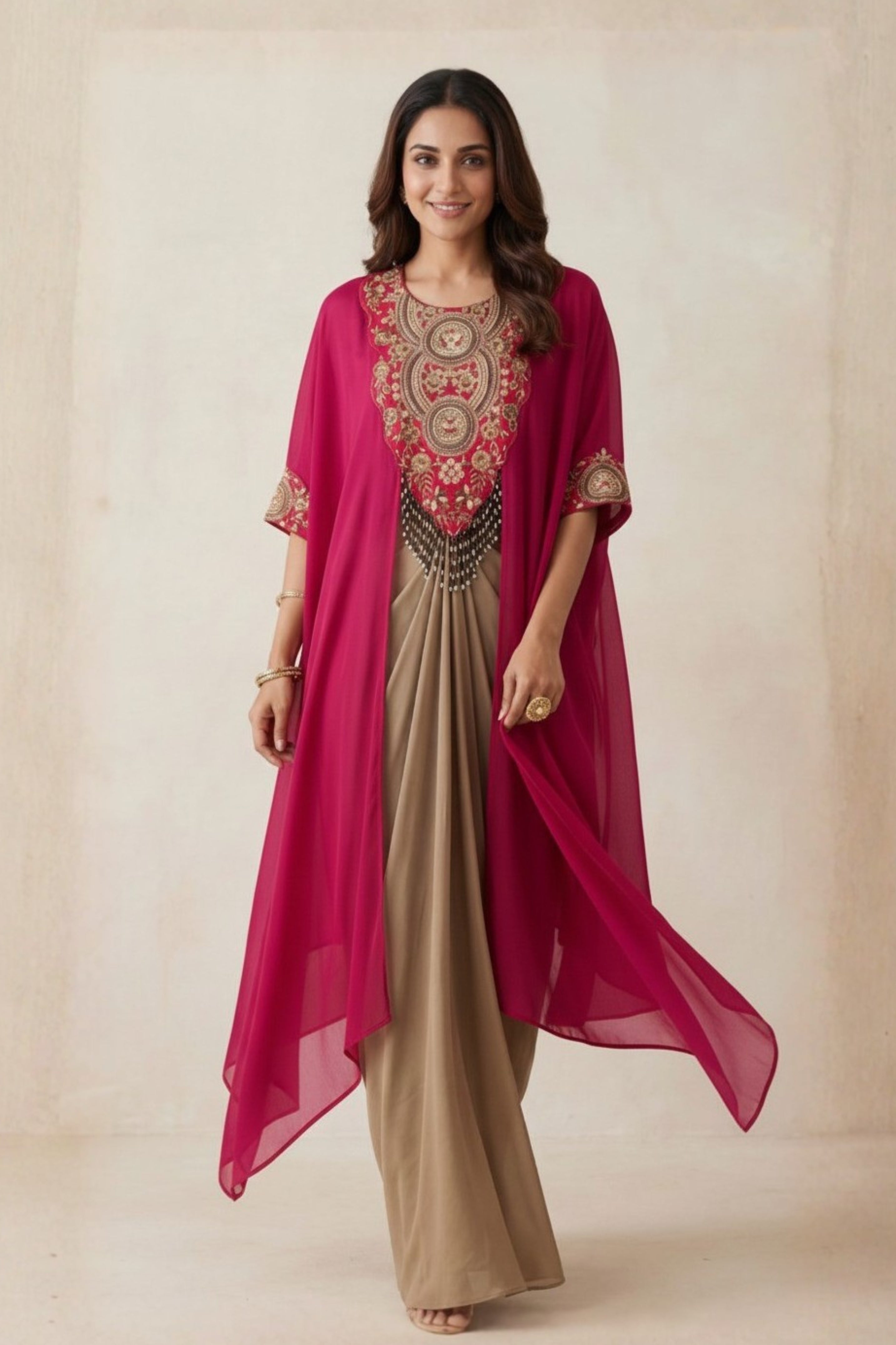 Pink & Sand Embellished Satin Silk Drape Skirt Set
