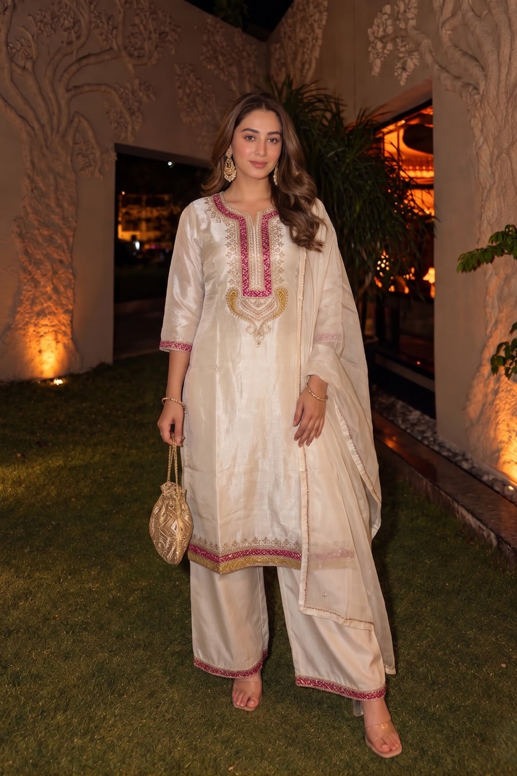 Rich Ivory Embellished Organza Silk Palazzo Set