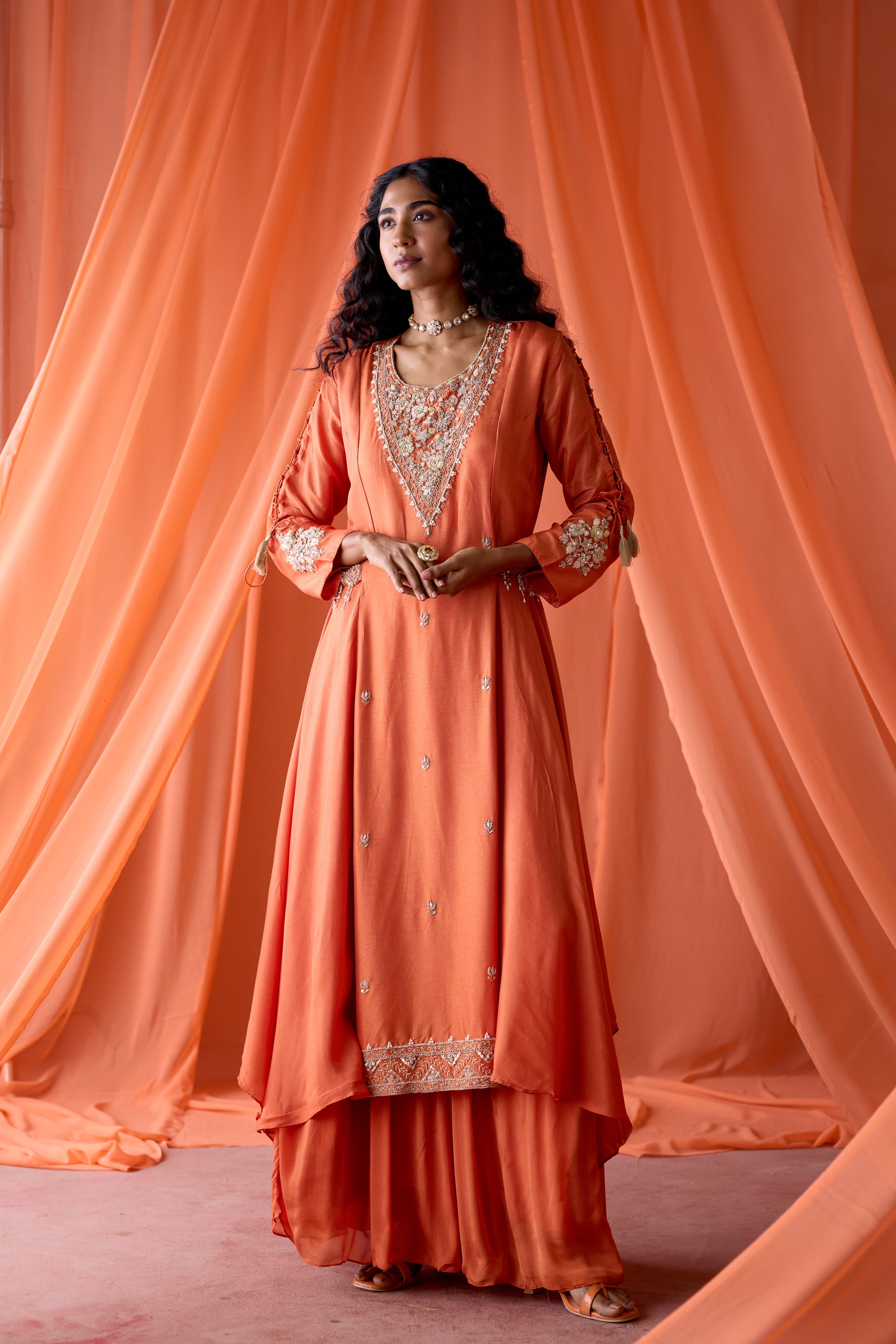 Sunset Orange Embellished Satin Silk Skirt Set
