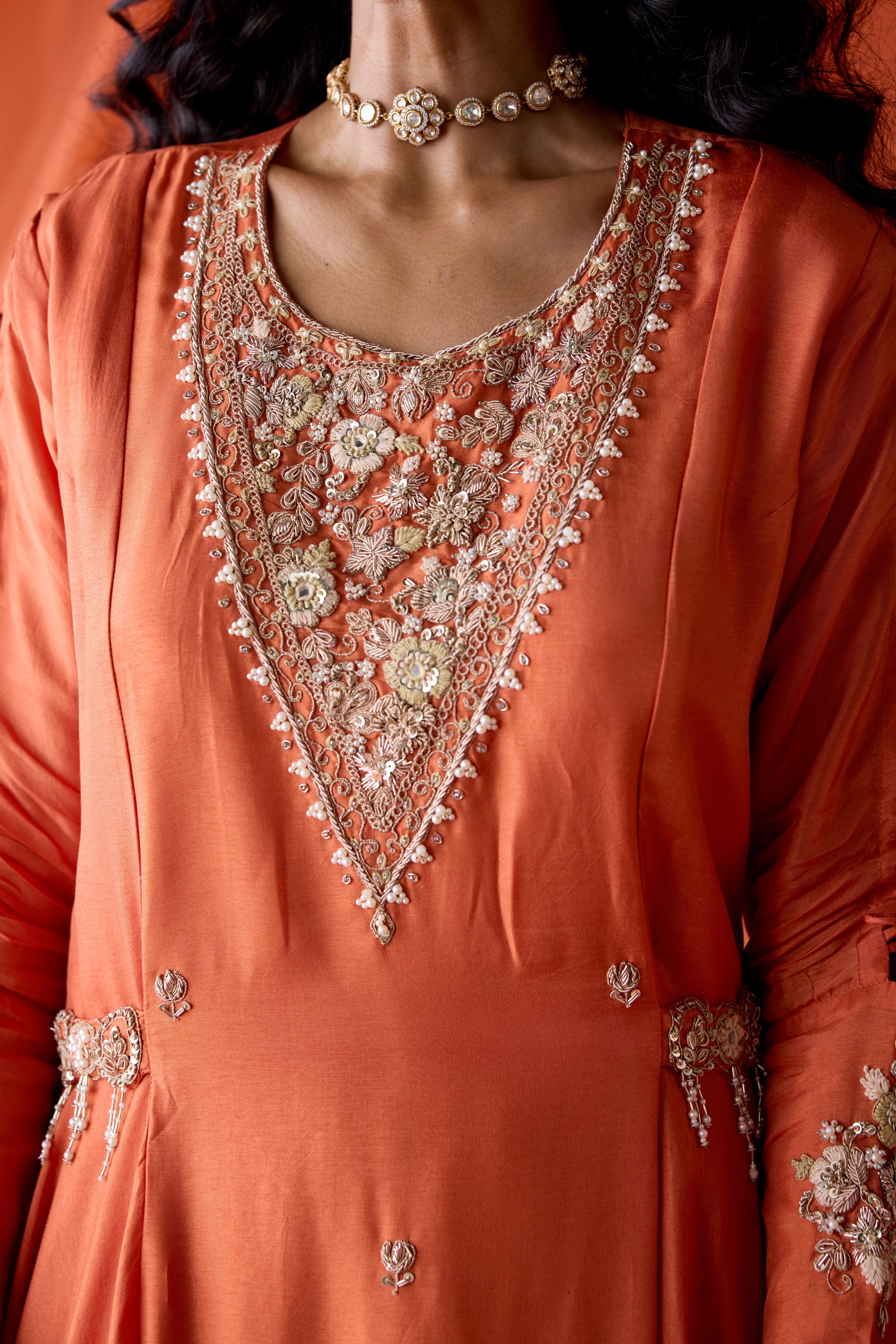 Sunset Orange Embellished Satin Silk Skirt Set