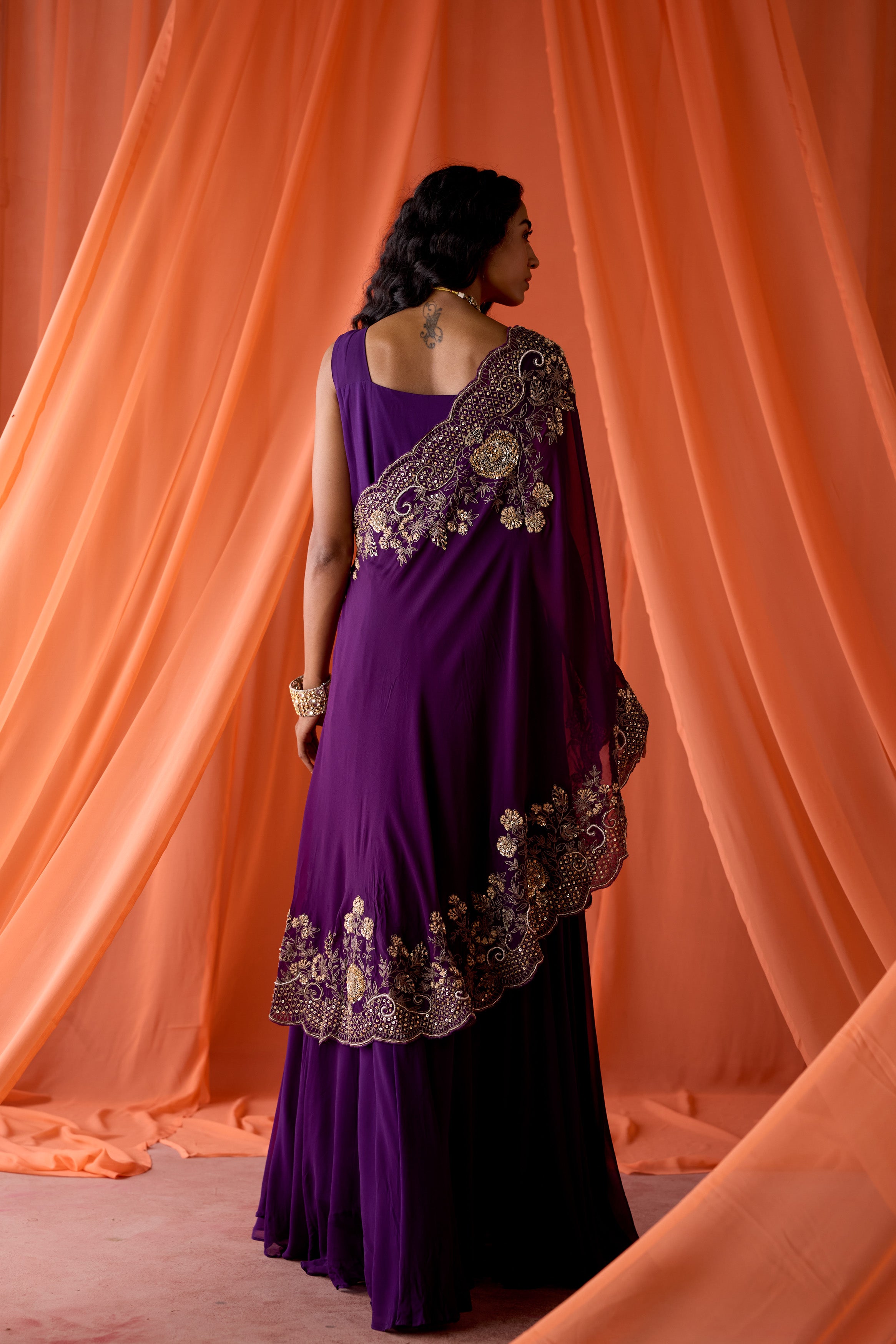 Purple Embellished Georgette Silk Gown Set