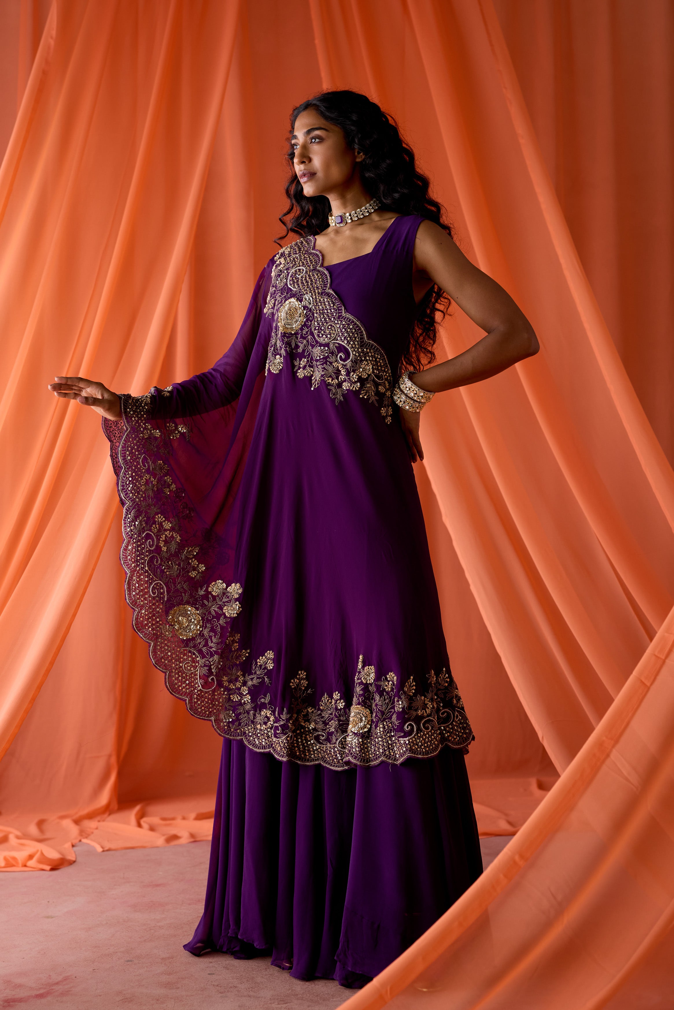 Purple Embellished Georgette Silk Gown Set