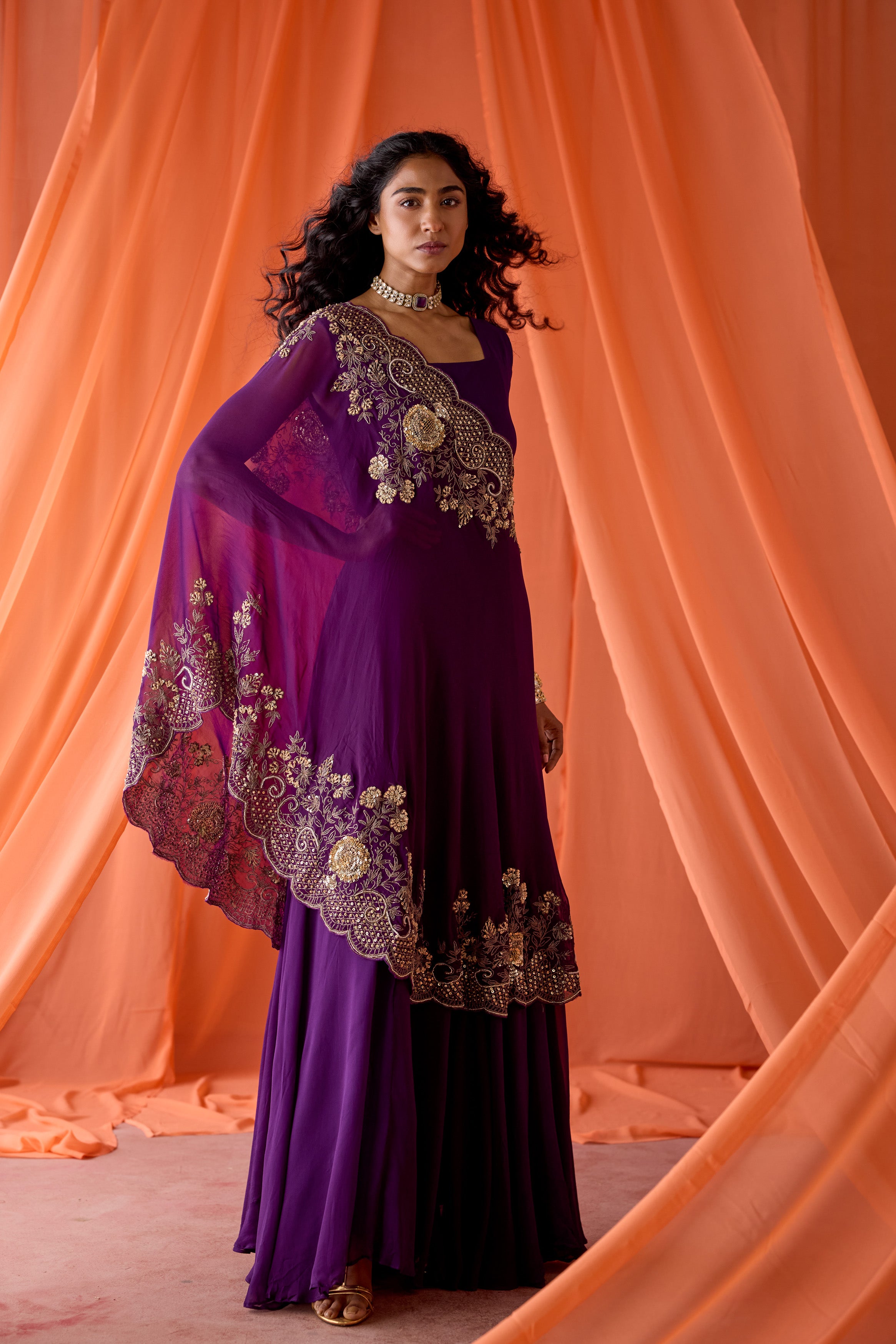 Purple Embellished Georgette Silk Gown Set