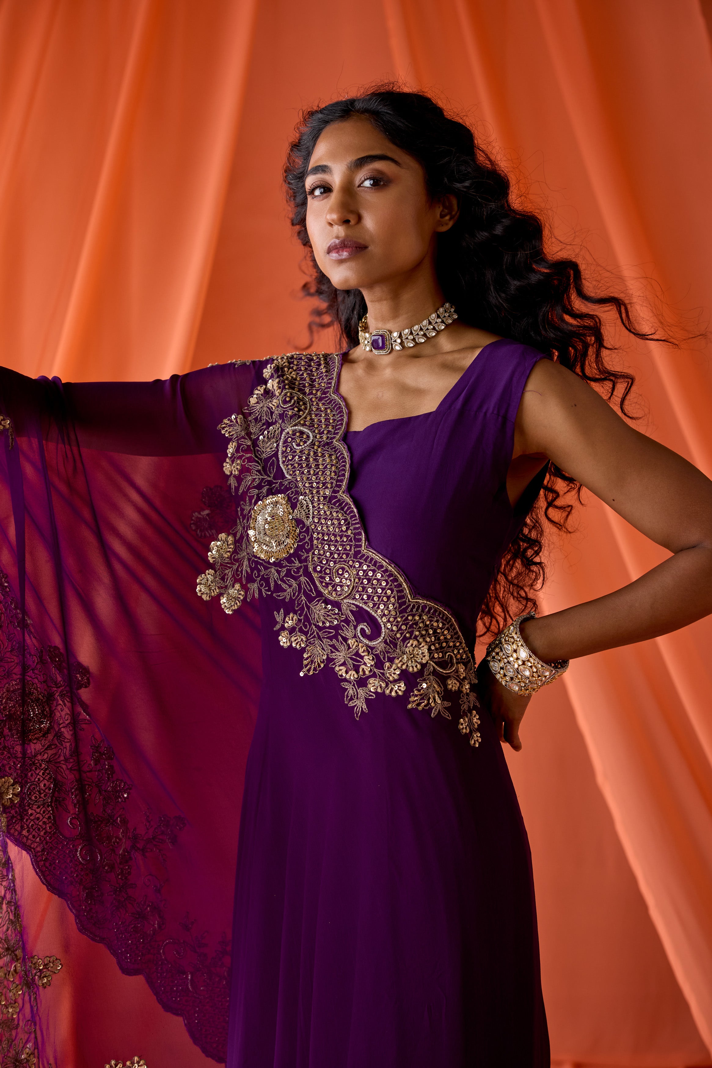 Purple Embellished Georgette Silk Gown Set