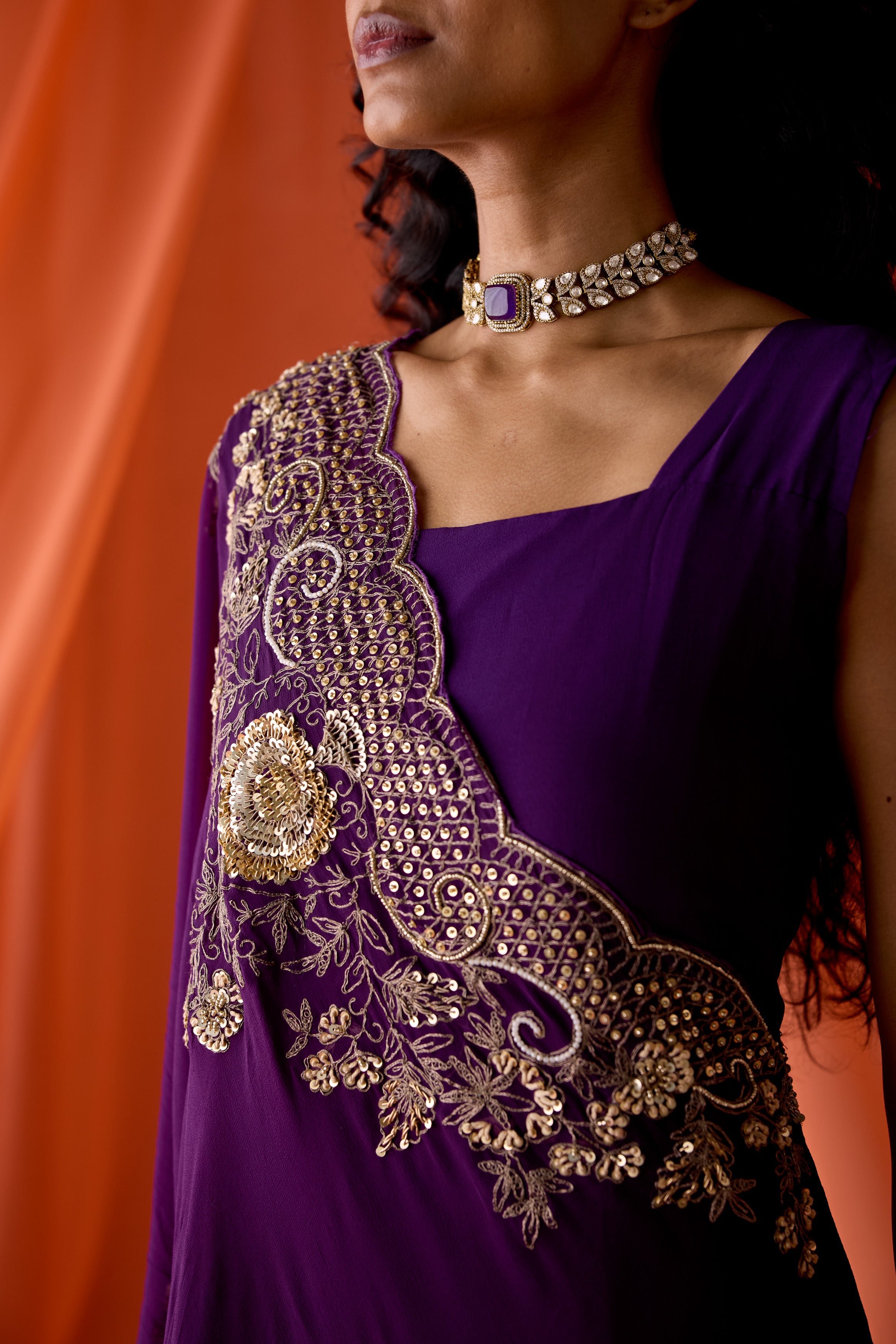 Purple Embellished Georgette Silk Gown Set